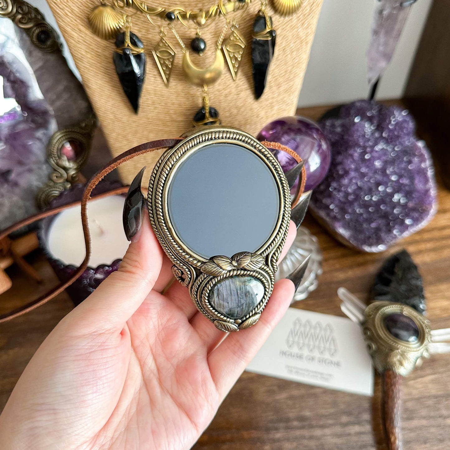 Natural Handmade Black Obsidian Pendant Necklace/Magic Obsidian Mirror Crystal Pendant/Scrying Mirror Labradorite Jewelry/Chakra/Altar Tool