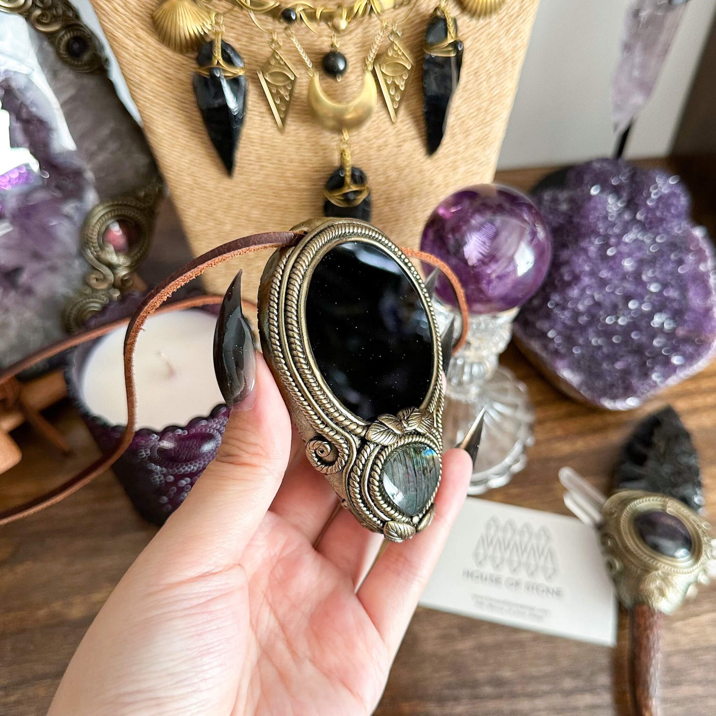 Natural Handmade Black Obsidian Pendant Necklace/Magic Obsidian Mirror Crystal Pendant/Scrying Mirror Labradorite Jewelry/Chakra/Altar Tool