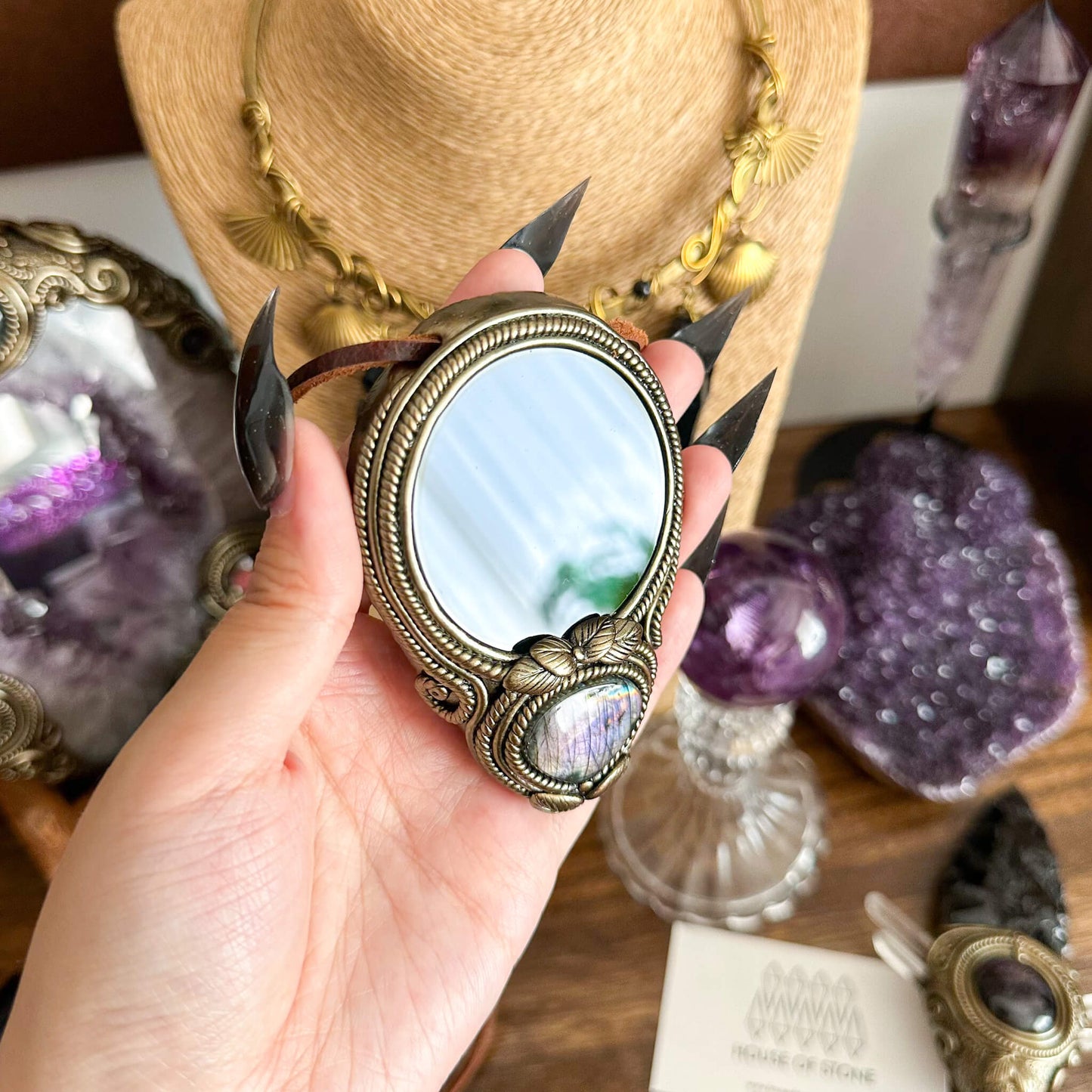 Natural Handmade Black Obsidian Pendant Necklace/Magic Obsidian Mirror Crystal Pendant/Scrying Mirror Labradorite Jewelry/Chakra/Altar Tool