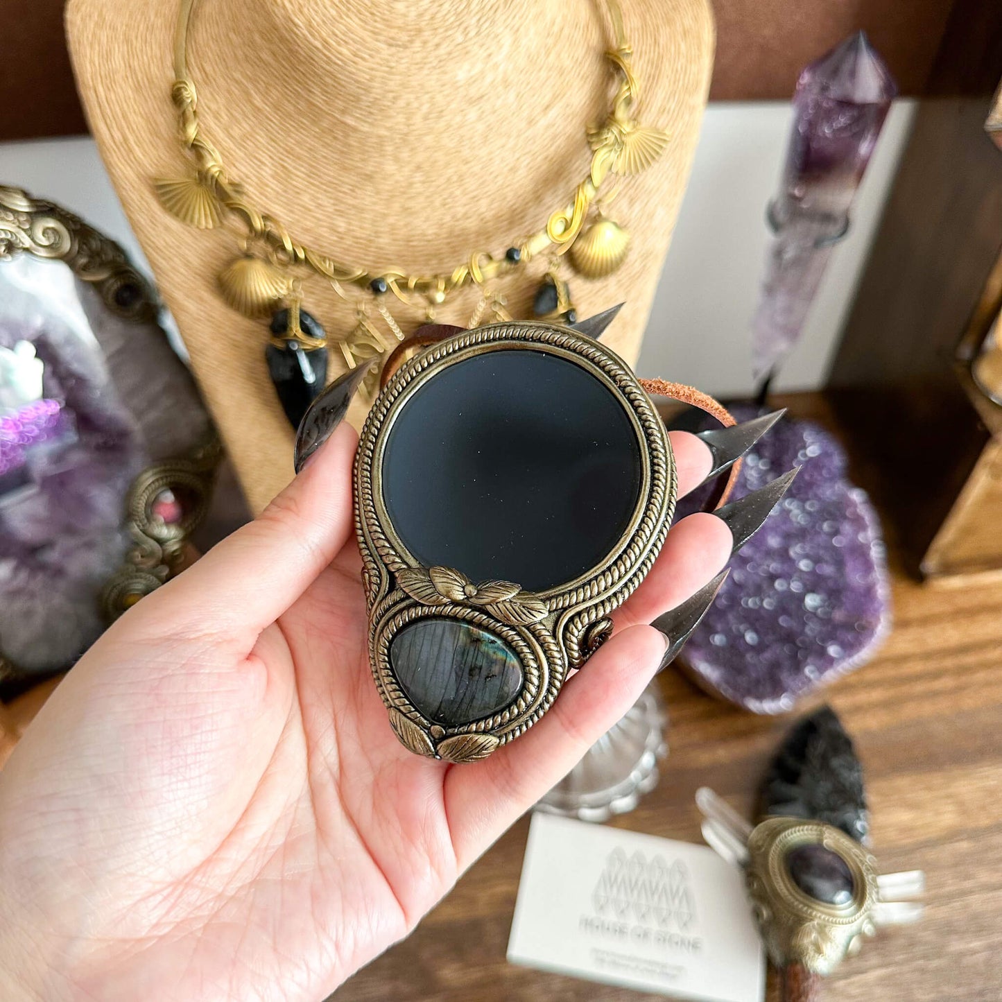 Natural Handmade Black Obsidian Pendant Necklace/Magic Obsidian Mirror Crystal Pendant/Scrying Mirror Labradorite Jewelry/Chakra/Altar Tool