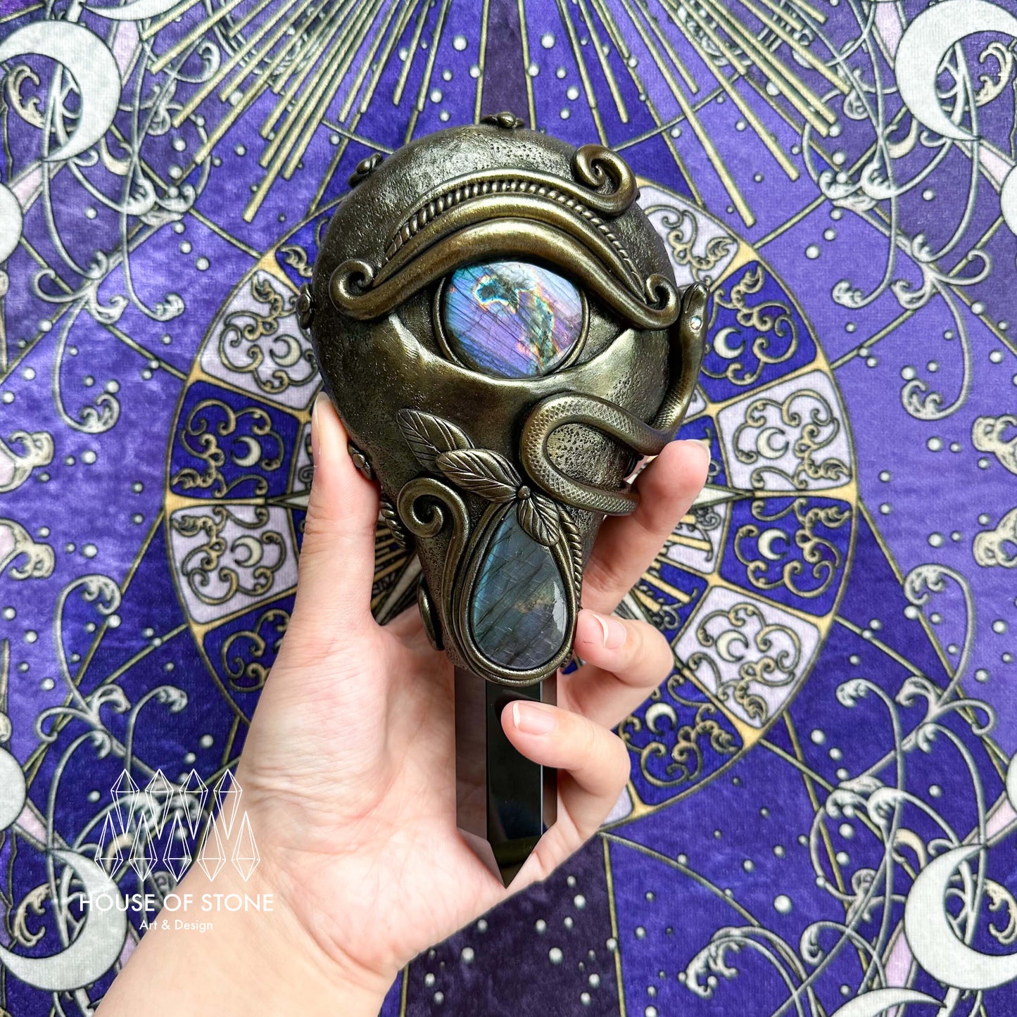 Handmade Natural Black Obsidian Mirror/Magic Obsidian Witch Wand/Crystal Quartz Wand/Scrying Mirror Wand/Root Chakra/Manifest Altar Tool