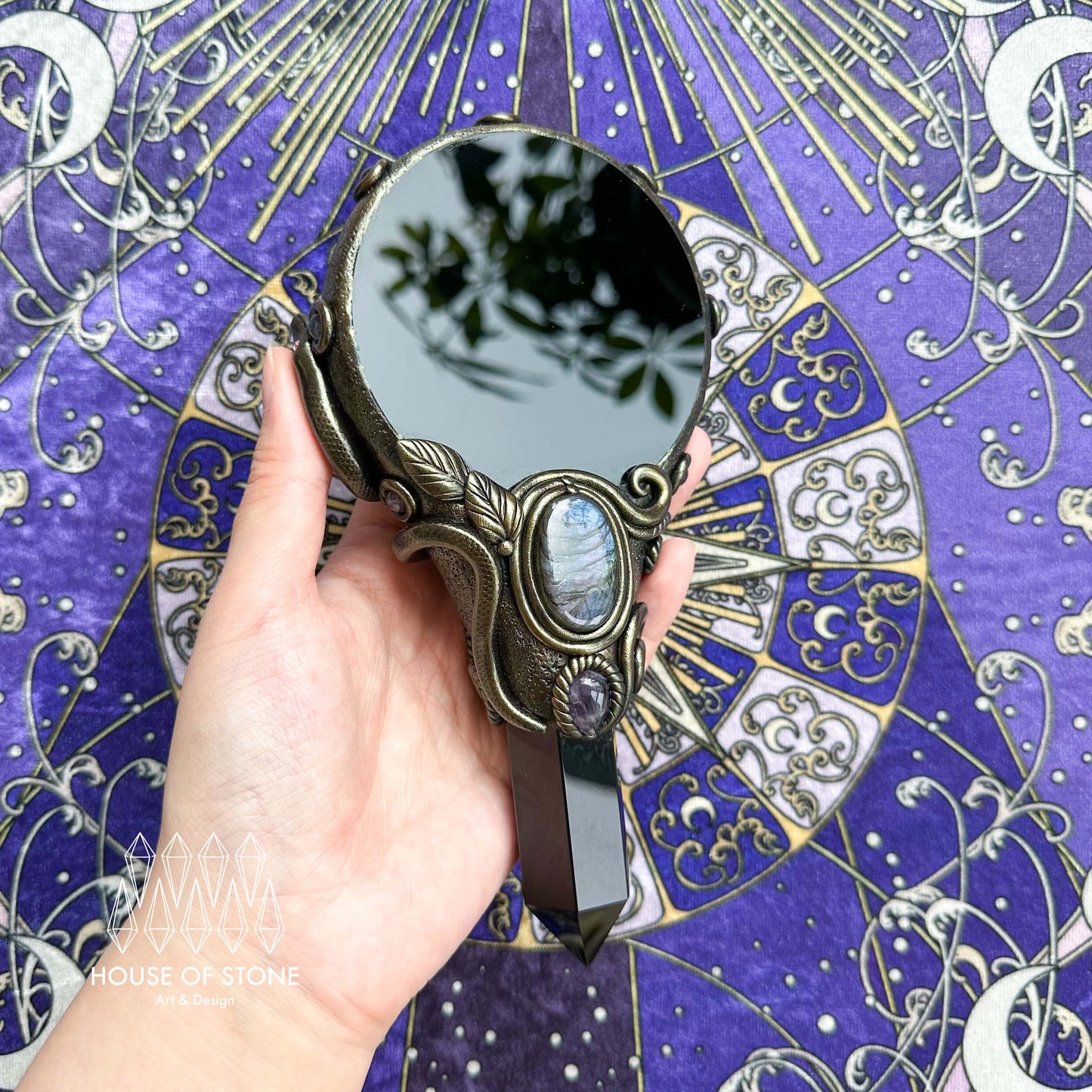 Handmade Natural Black Obsidian Mirror/Magic Obsidian Witch Wand/Crystal Quartz Wand/Scrying Mirror Wand/Root Chakra/Manifest Altar Tool