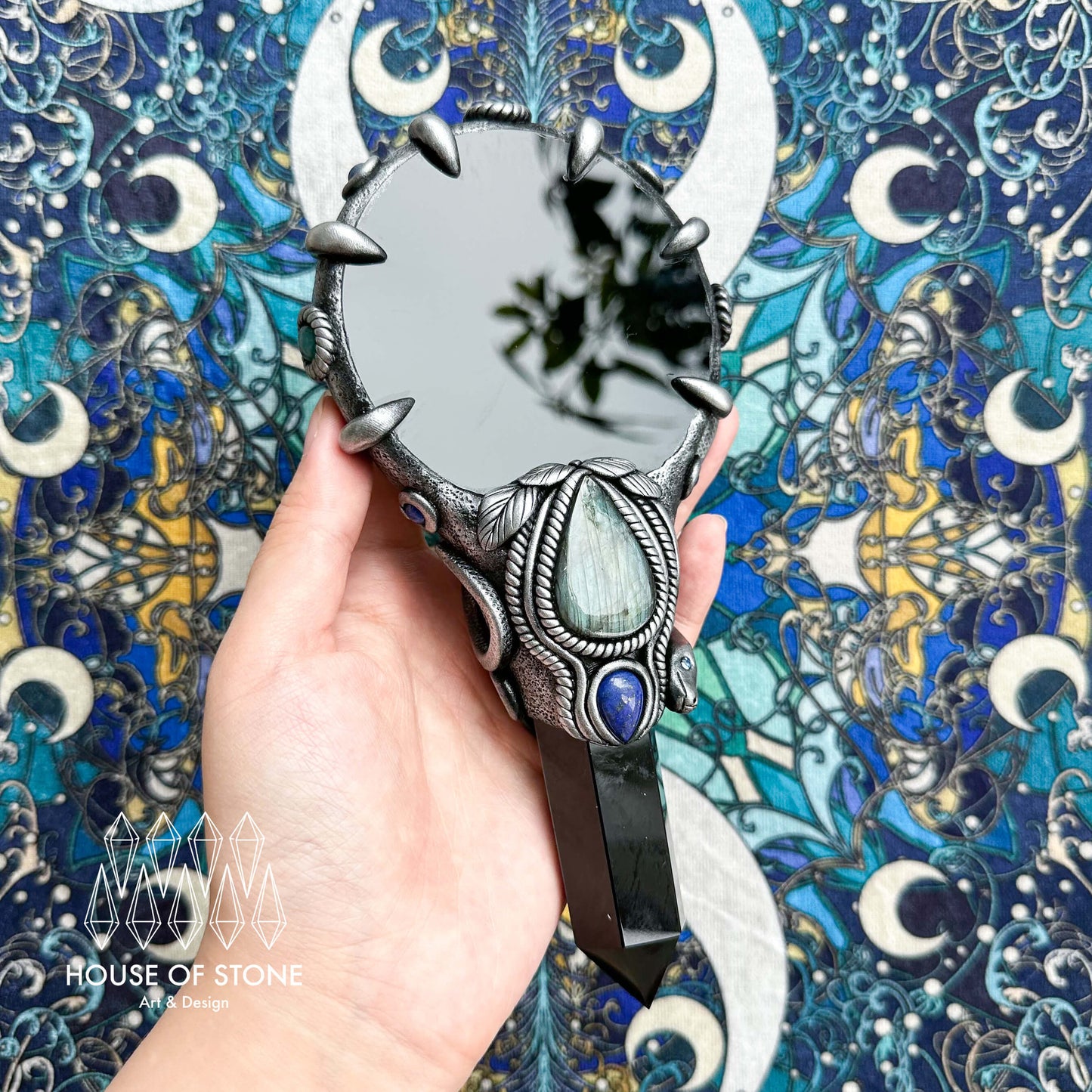 Handmade Natural Black Obsidian Mirror/Magic Obsidian Witch Wand/Crystal Quartz Wand/Scrying Mirror Wand/Root Chakra/Manifest Altar Tool