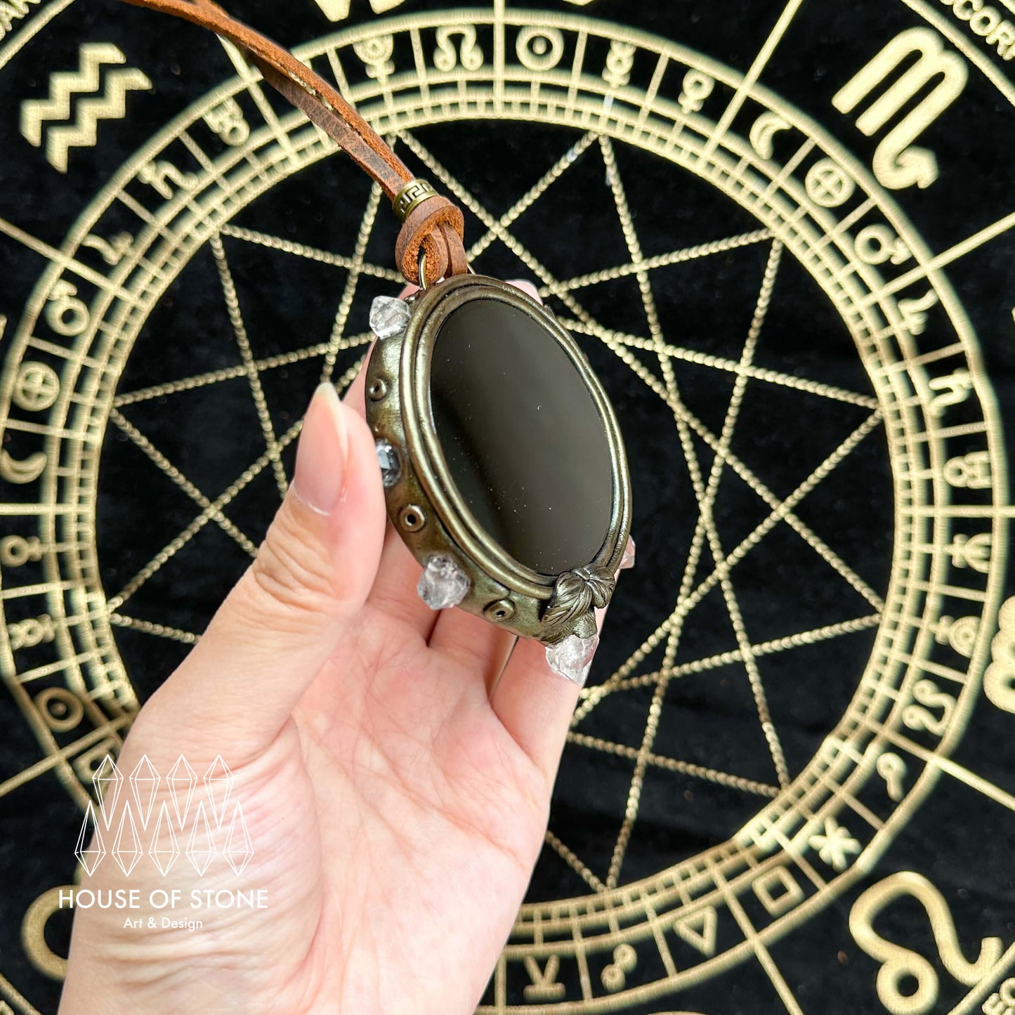 Handmade Natural Black Obsidian Pendant Necklace/Magic Obsidian Mirror Crystal Pendant/Scrying Mirror Talisman Protection Jewelry/Altar Tool