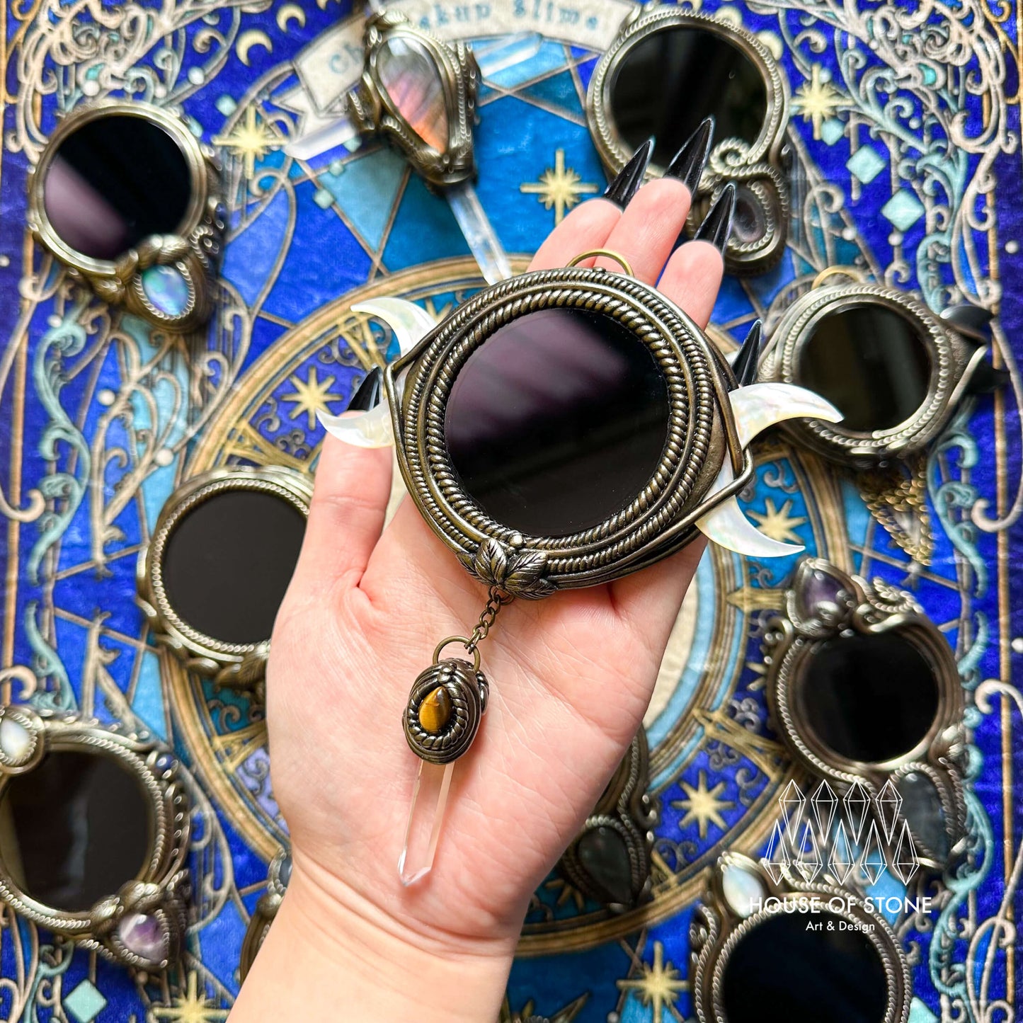 Handmade Natural Black Obsidian Triple Moon Pendant Necklace/Magic Obsidian Mirror Crystal Pendant/Scrying Mirror Protection Jewelry/Altar Tool