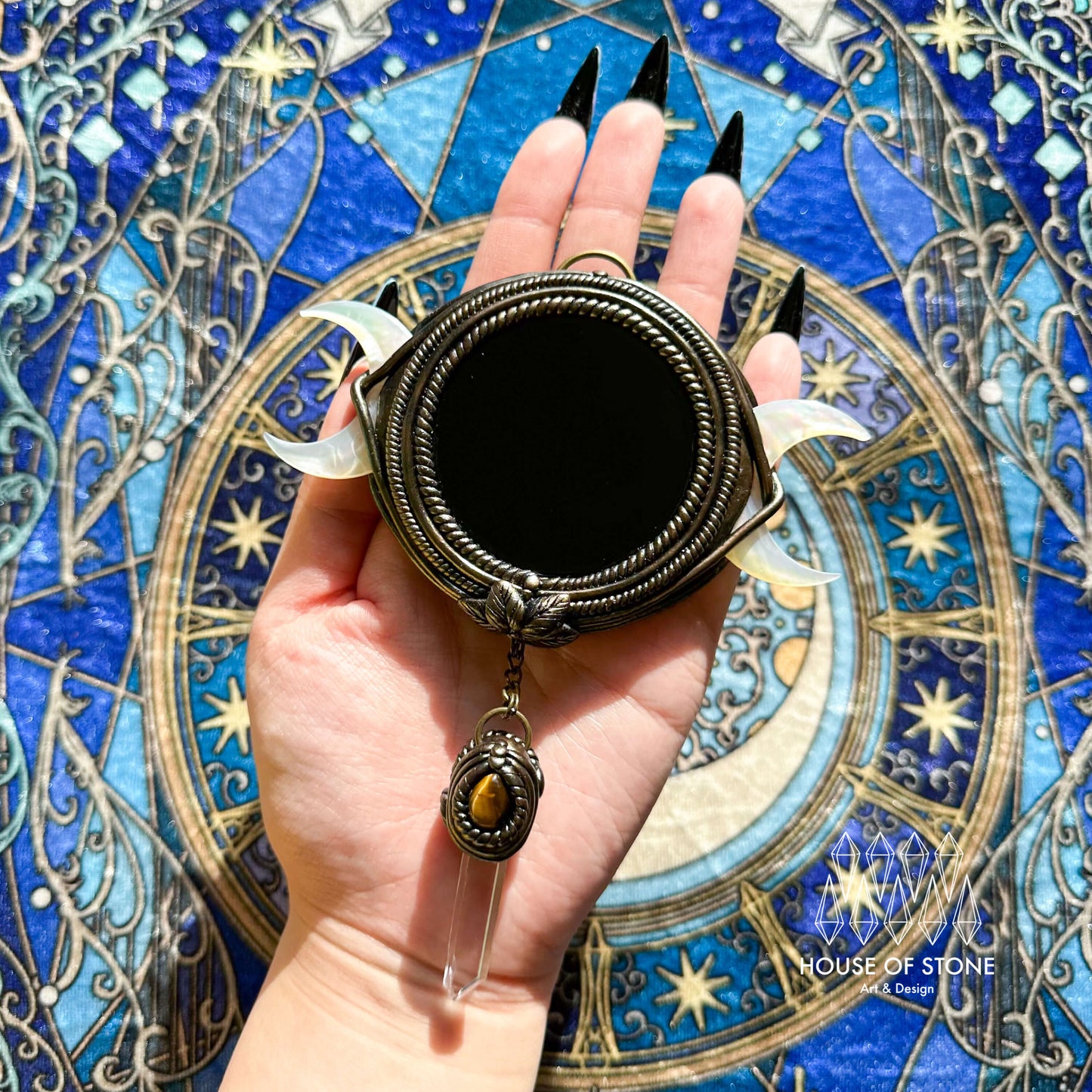 Handmade Natural Black Obsidian Triple Moon Pendant Necklace/Magic Obsidian Mirror Crystal Pendant/Scrying Mirror Protection Jewelry/Altar Tool