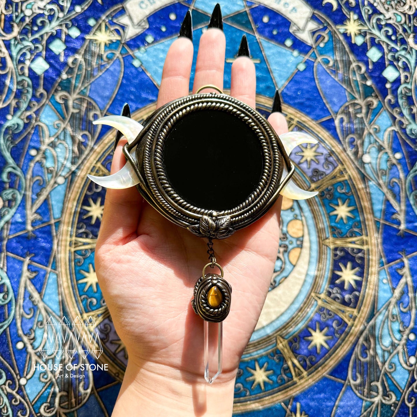 Handmade Natural Black Obsidian Triple Moon Pendant Necklace/Magic Obsidian Mirror Crystal Pendant/Scrying Mirror Protection Jewelry/Altar Tool