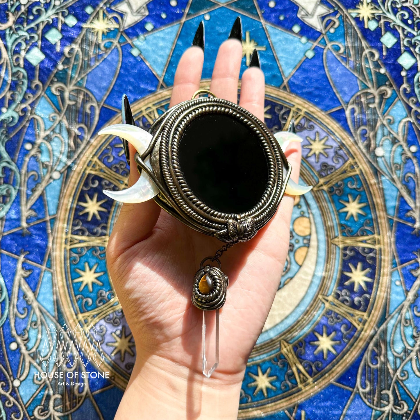 Handmade Natural Black Obsidian Triple Moon Pendant Necklace/Magic Obsidian Mirror Crystal Pendant/Scrying Mirror Protection Jewelry/Altar Tool