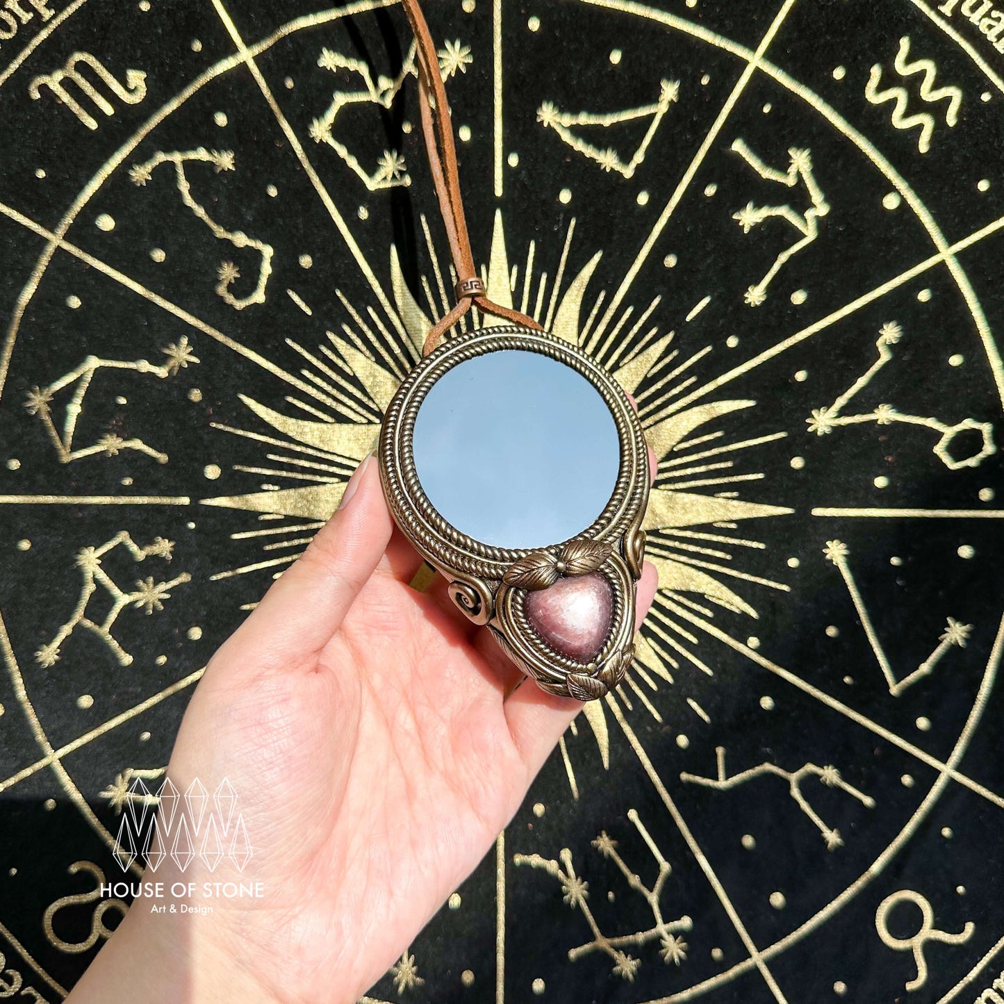 Natural Handmade Black Obsidian Pendant Necklace/Magic Obsidian Mirror Crystal Pendant/Scrying Mirror Purple Lepidolite Jewelry/Altar Tool