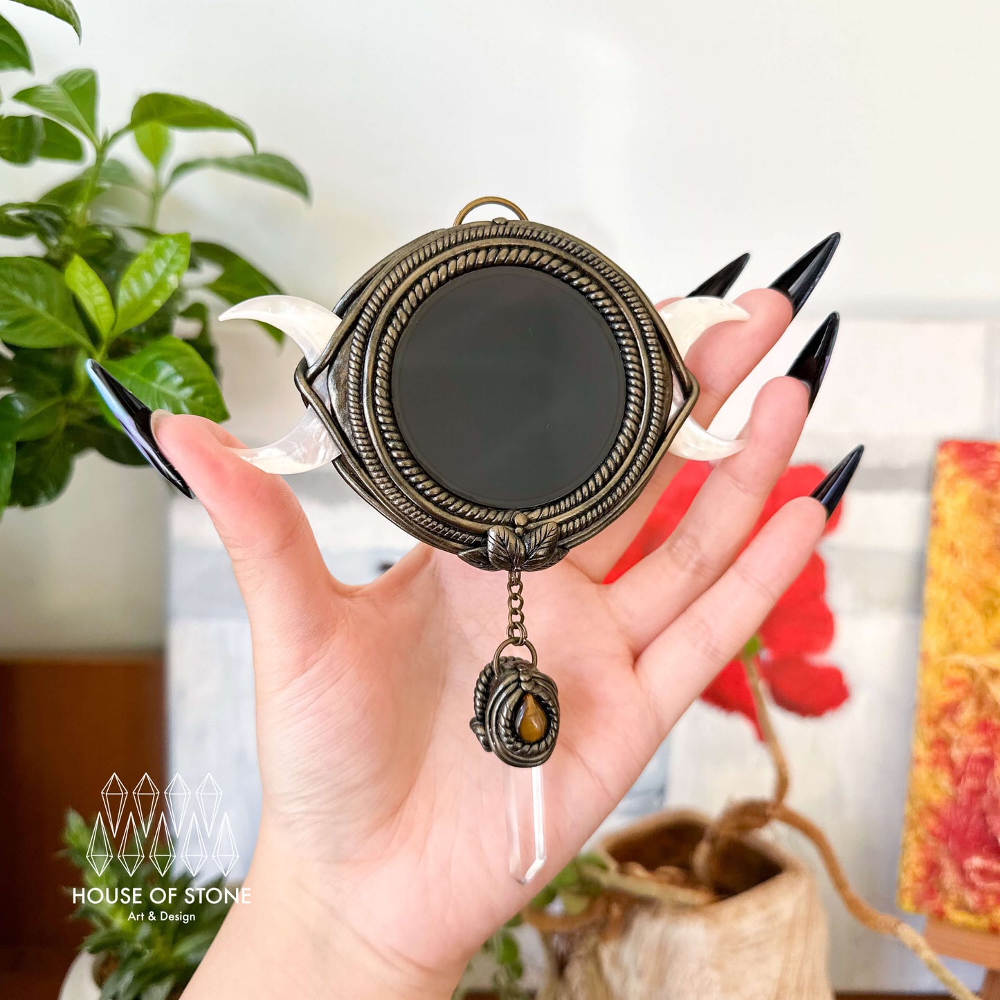Handmade Natural Black Obsidian Triple Moon Pendant Necklace/Magic Obsidian Mirror Crystal Pendant/Scrying Mirror Protection Jewelry/Altar Tool