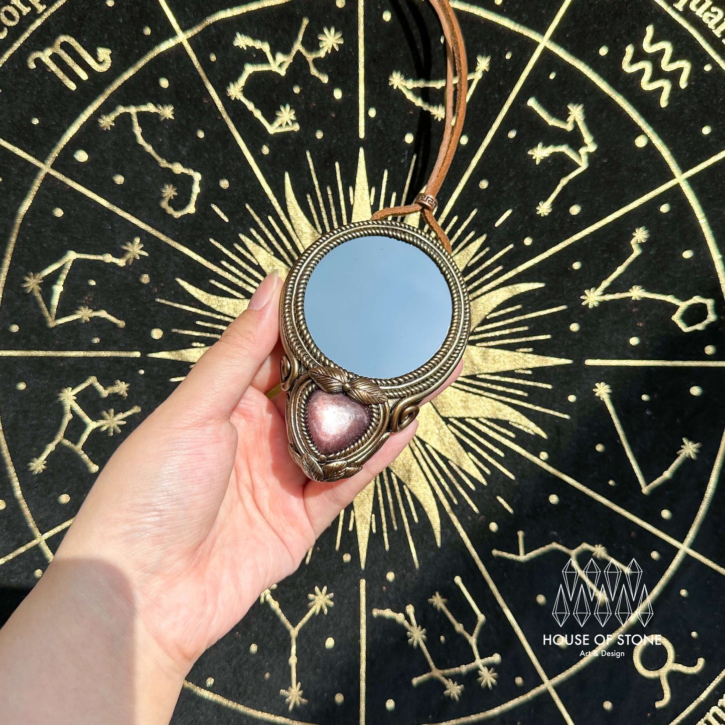 Natural Handmade Black Obsidian Pendant Necklace/Magic Obsidian Mirror Crystal Pendant/Scrying Mirror Purple Lepidolite Jewelry/Altar Tool