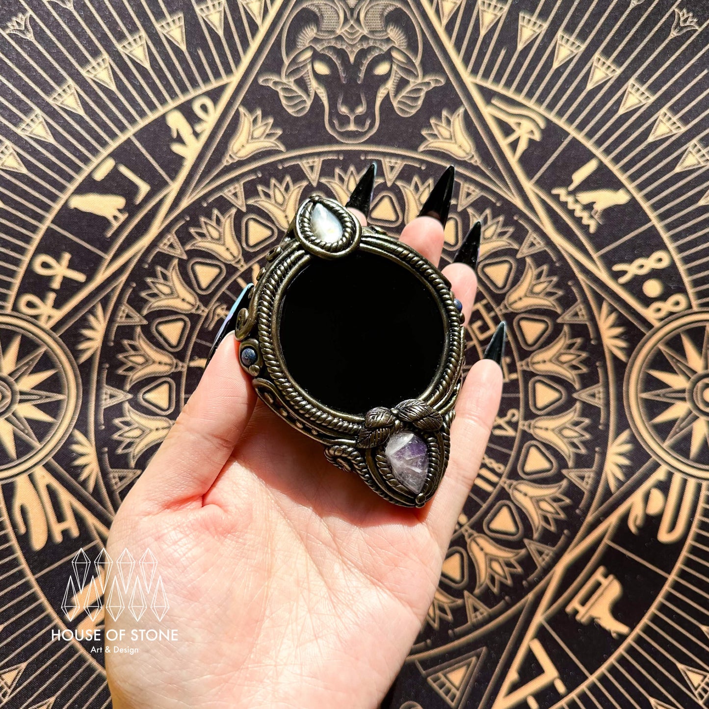 Handmade Natural Black Obsidian Pendant Necklace/Magic Obsidian Mirror Crystal Pendant/Scrying Mirror Labradorite Protection Jewelry/Altar Tool