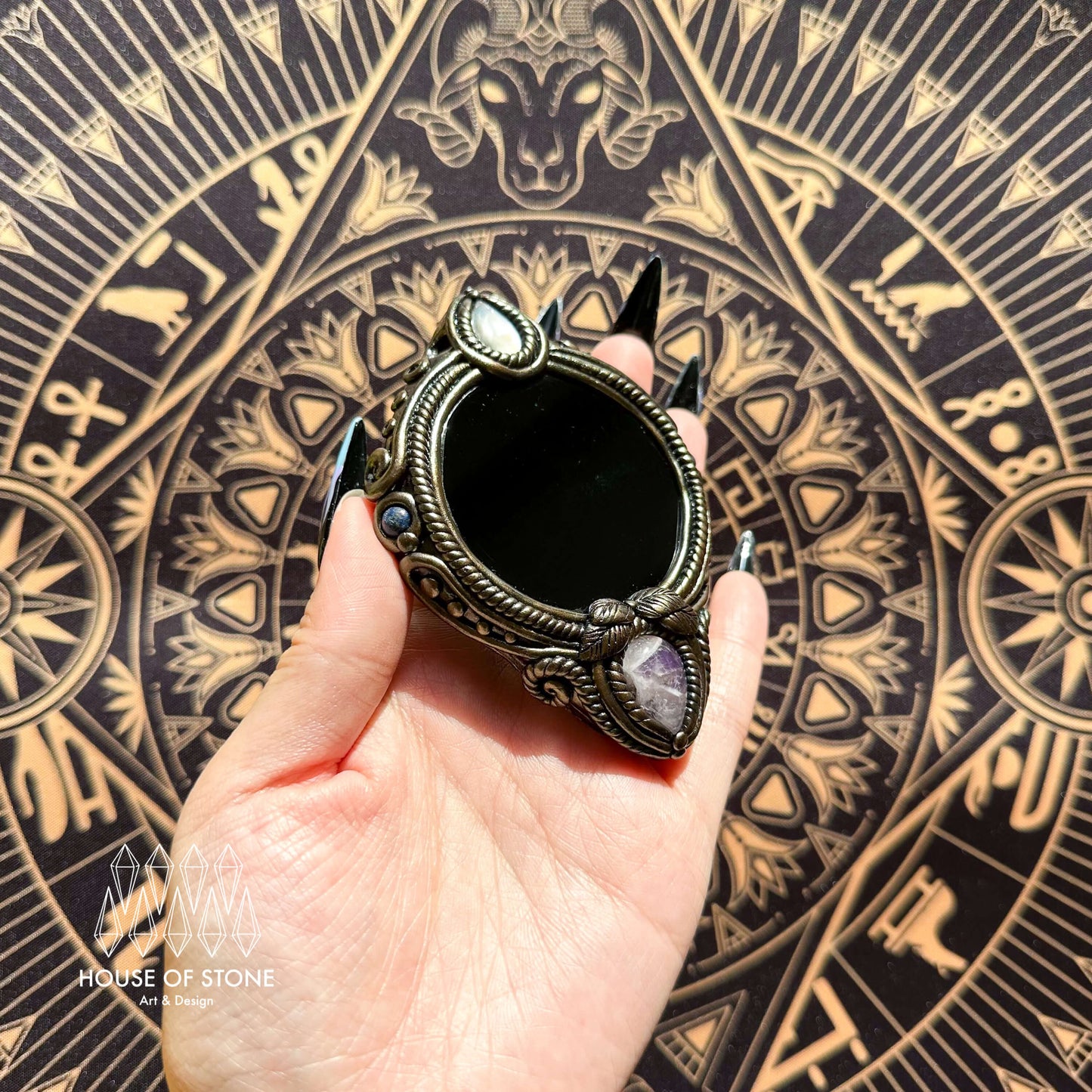 Handmade Natural Black Obsidian Pendant Necklace/Magic Obsidian Mirror Crystal Pendant/Scrying Mirror Labradorite Protection Jewelry/Altar Tool