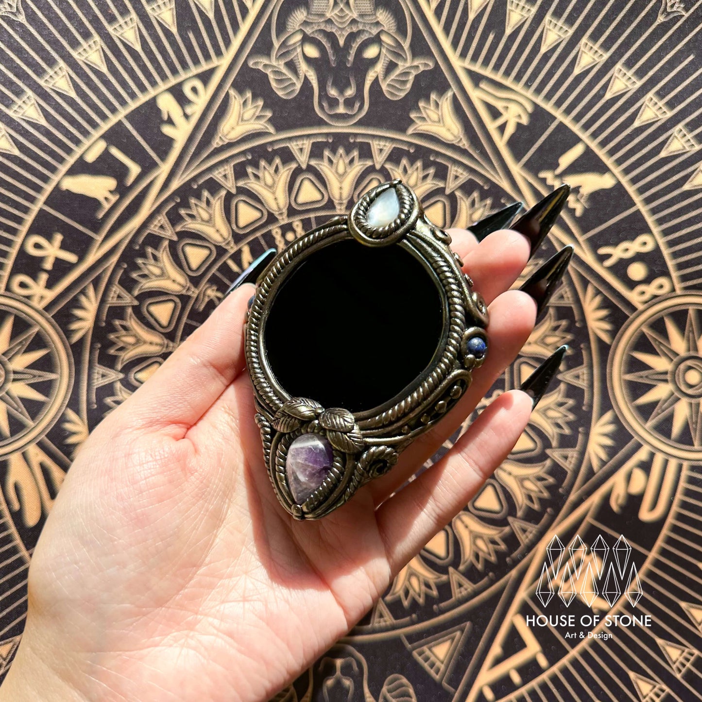 Handmade Natural Black Obsidian Pendant Necklace/Magic Obsidian Mirror Crystal Pendant/Scrying Mirror Labradorite Protection Jewelry/Altar Tool