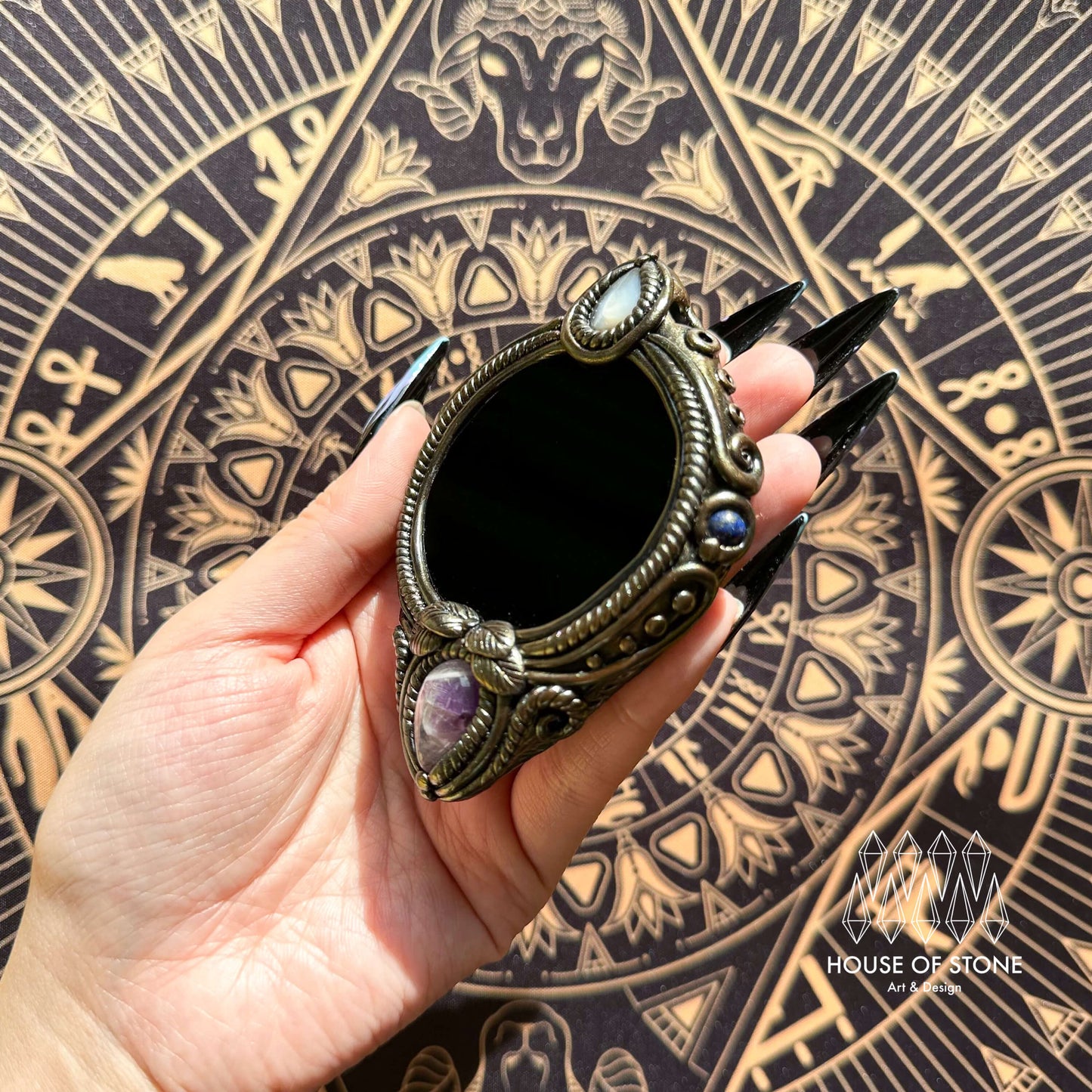 Handmade Natural Black Obsidian Pendant Necklace/Magic Obsidian Mirror Crystal Pendant/Scrying Mirror Labradorite Protection Jewelry/Altar Tool