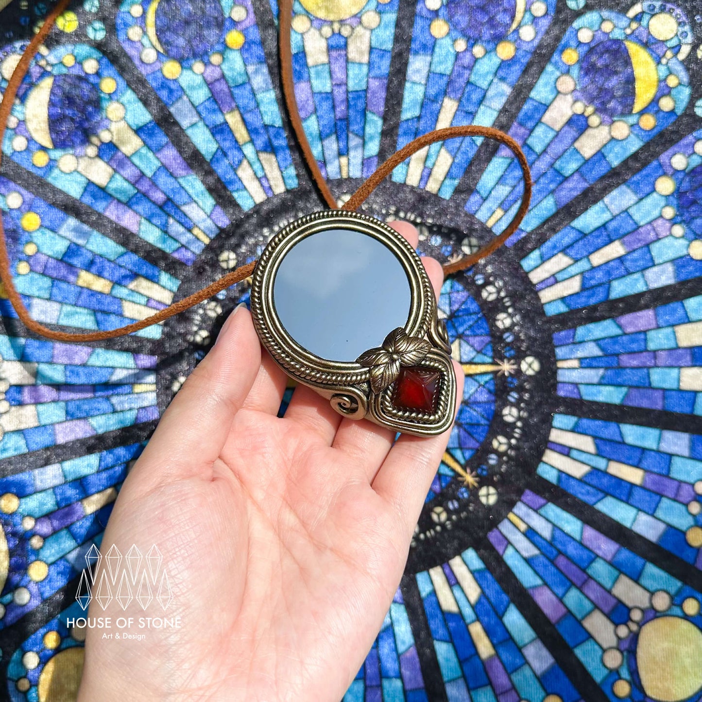 Natural Handmade Black Obsidian Pendant Necklace/Magic Obsidian Mirror Crystal Pendant/Scrying Mirror Red Agate Jewelry/Chakra/Altar Tool