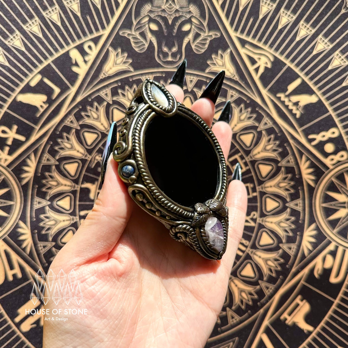 Handmade Natural Black Obsidian Pendant Necklace/Magic Obsidian Mirror Crystal Pendant/Scrying Mirror Labradorite Protection Jewelry/Altar Tool