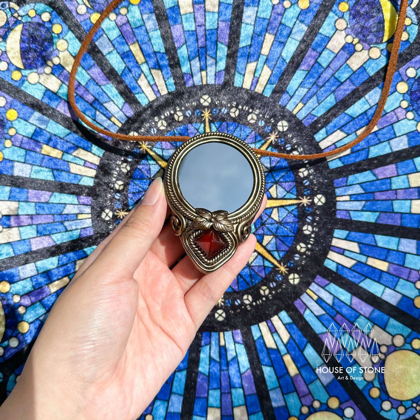 Natural Handmade Black Obsidian Pendant Necklace/Magic Obsidian Mirror Crystal Pendant/Scrying Mirror Red Agate Jewelry/Chakra/Altar Tool