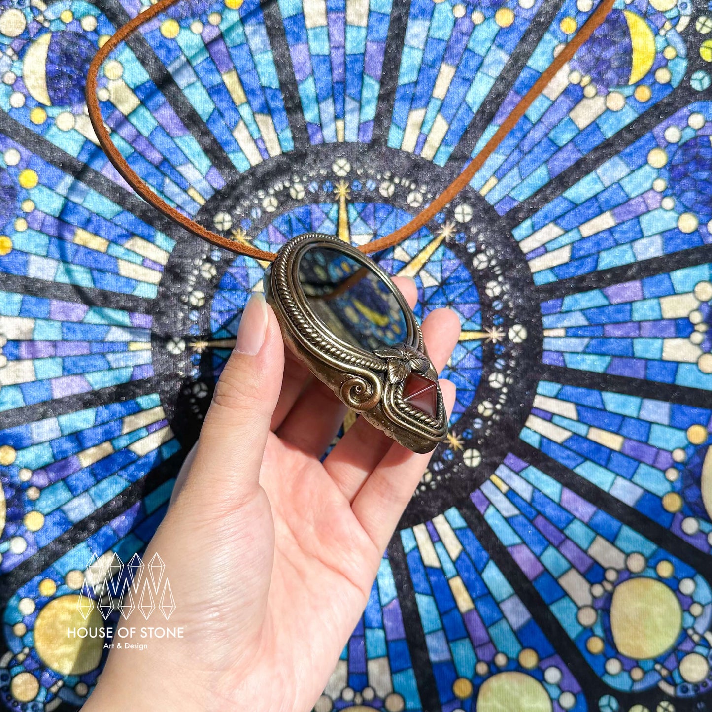 Natural Handmade Black Obsidian Pendant Necklace/Magic Obsidian Mirror Crystal Pendant/Scrying Mirror Red Agate Jewelry/Chakra/Altar Tool