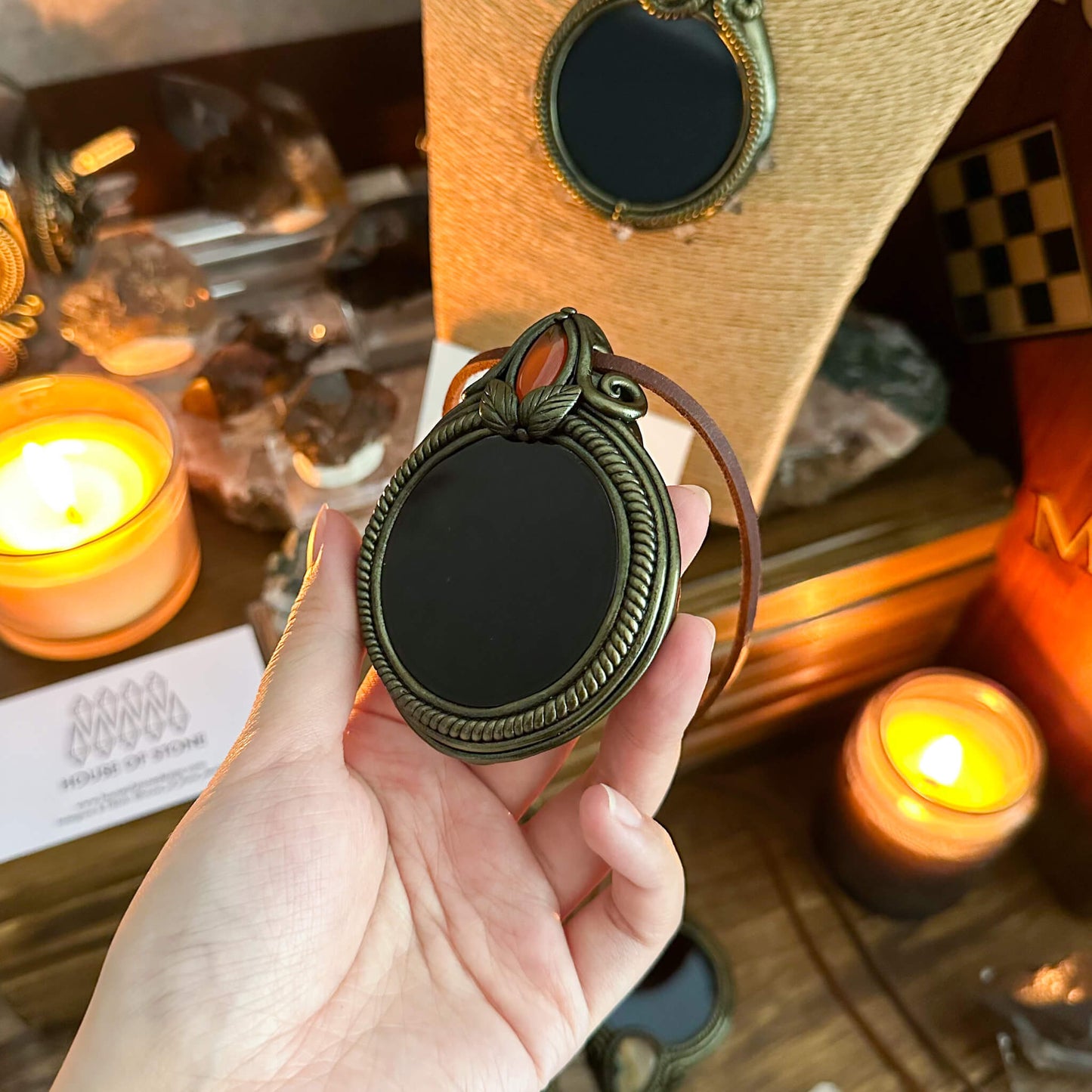 Handmade Natural Black Obsidian Pendant Necklace/Magic Obsidian Mirror Crystal Pendant/Scrying Mirror Talisman Protection Jewelry/Altar Tool