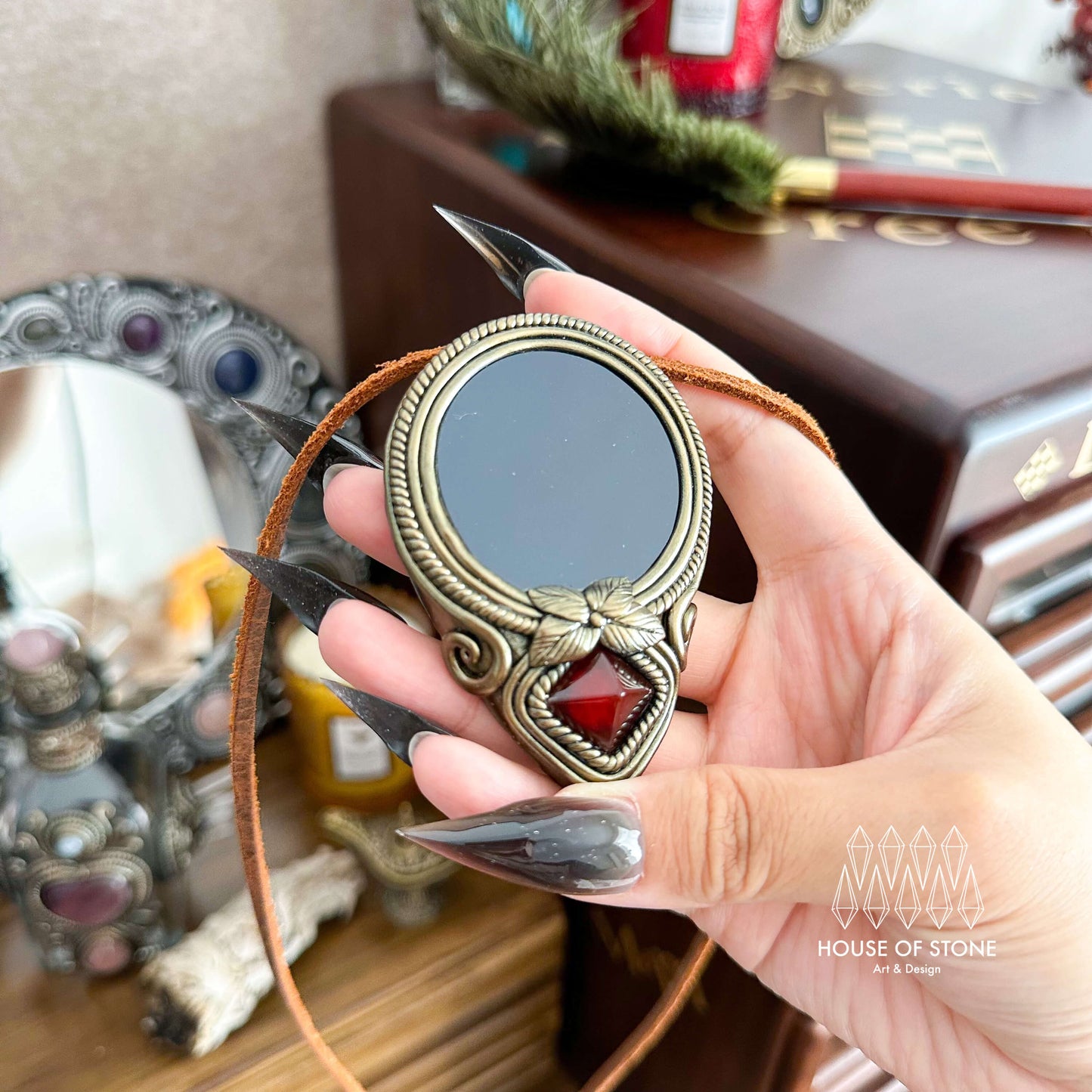 Natural Handmade Black Obsidian Pendant Necklace/Magic Obsidian Mirror Crystal Pendant/Scrying Mirror Red Agate Jewelry/Chakra/Altar Tool