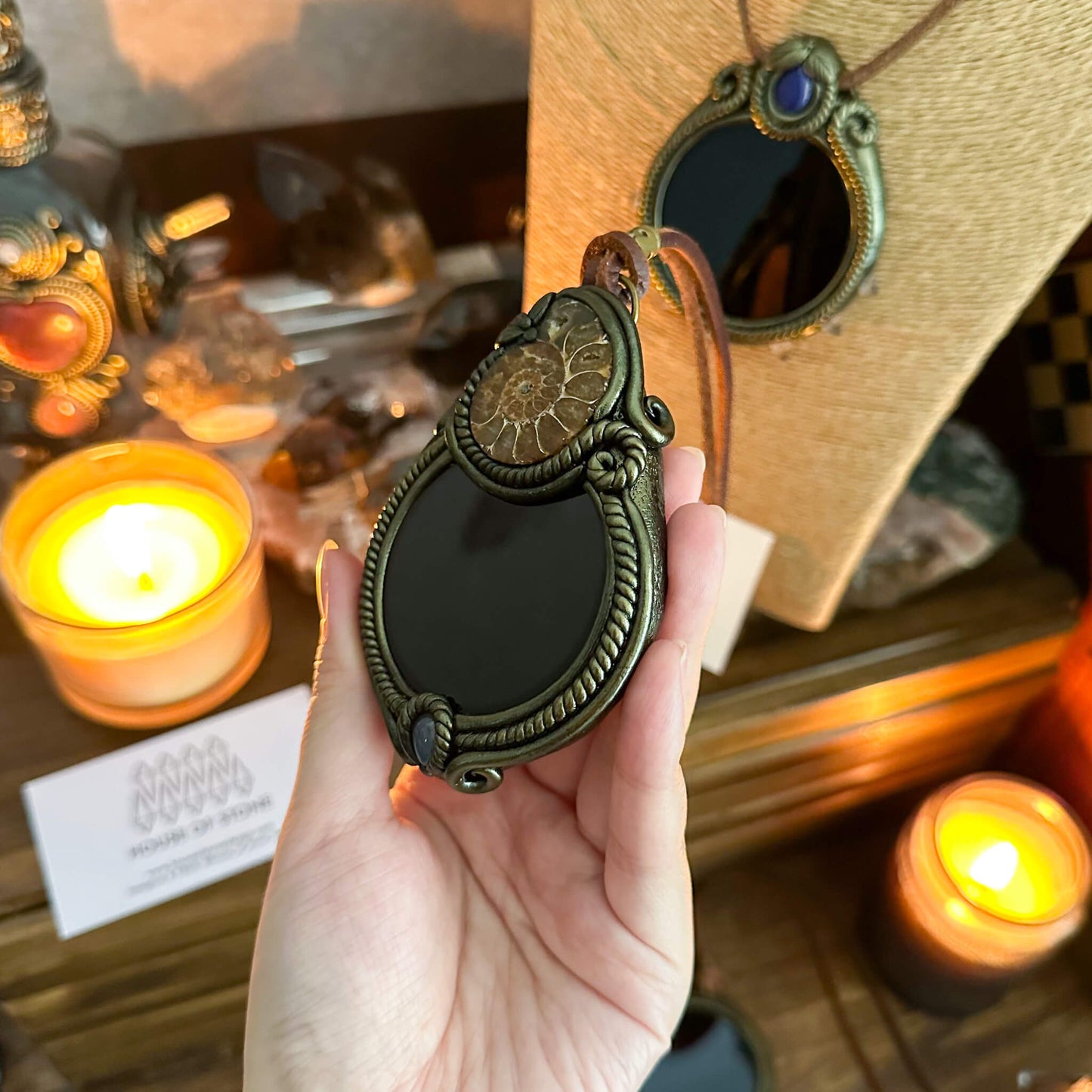 Handmade Natural Black Obsidian Pendant Necklace/Magic Obsidian Mirror Crystal Pendant/Scrying Mirror Talisman Protection Jewelry/Altar Tool