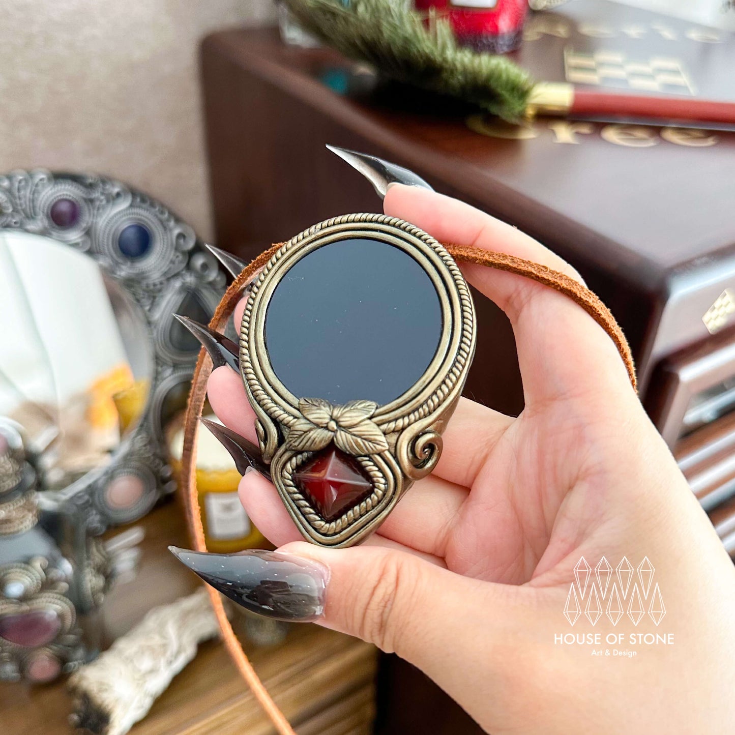 Natural Handmade Black Obsidian Pendant Necklace/Magic Obsidian Mirror Crystal Pendant/Scrying Mirror Red Agate Jewelry/Chakra/Altar Tool