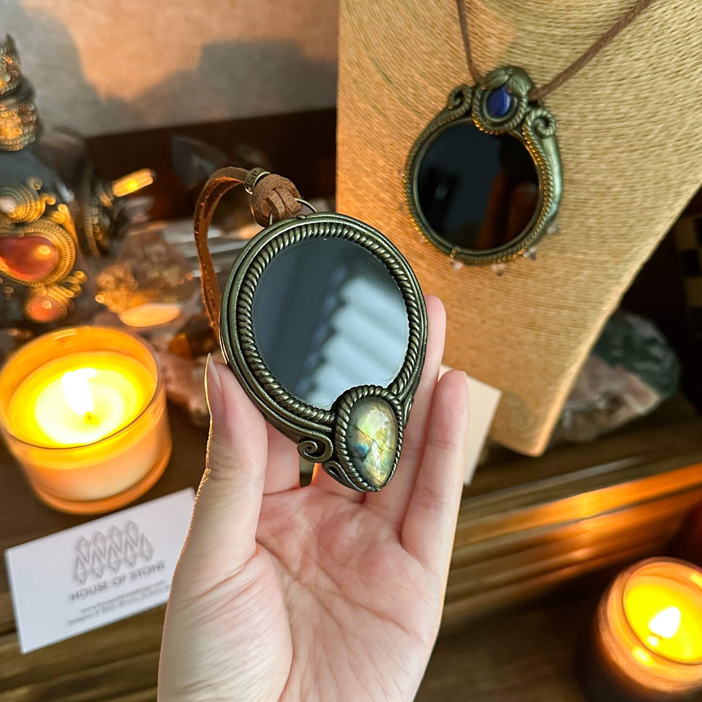 Handmade Natural Black Obsidian Pendant Necklace/Magic Obsidian Mirror Crystal Pendant/Scrying Mirror Talisman Protection Jewelry/Altar Tool