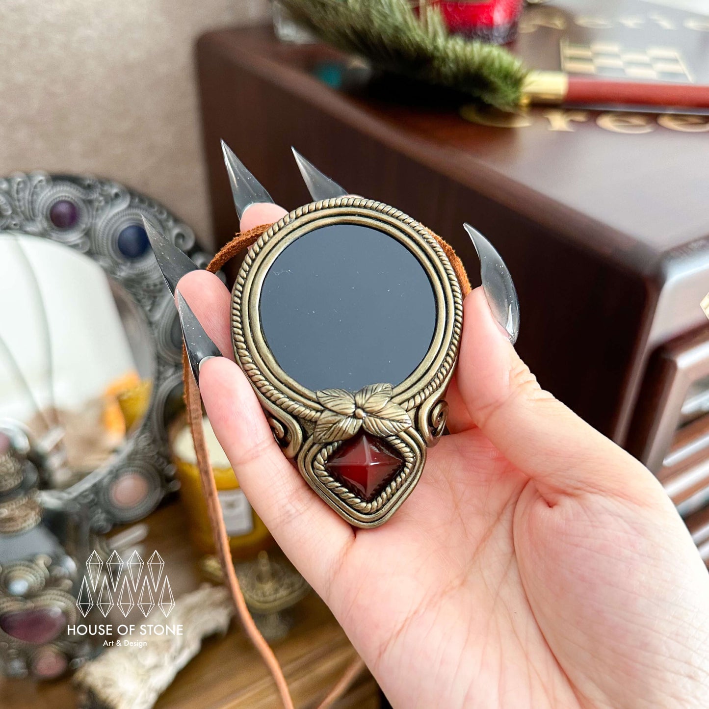 Natural Handmade Black Obsidian Pendant Necklace/Magic Obsidian Mirror Crystal Pendant/Scrying Mirror Red Agate Jewelry/Chakra/Altar Tool