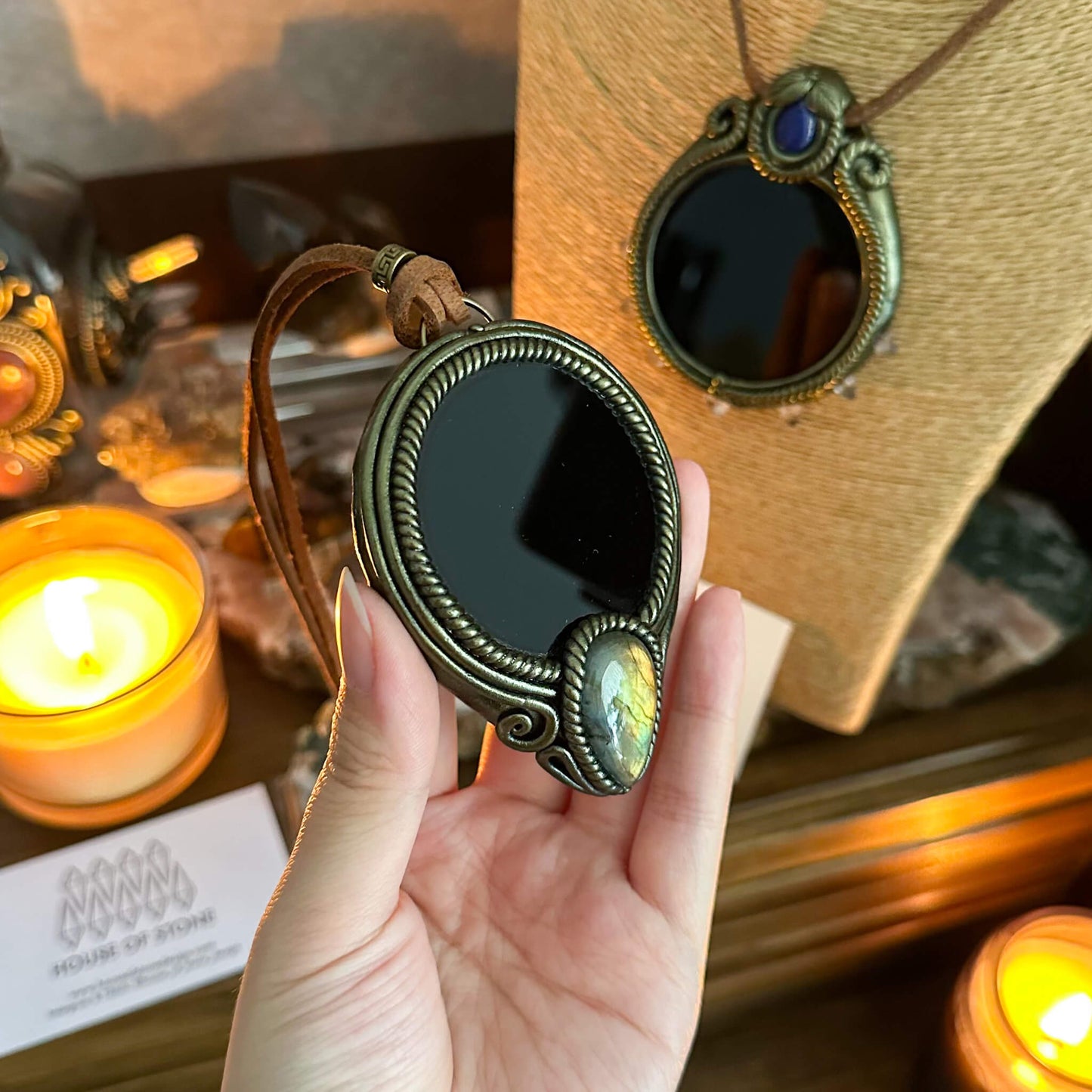 Handmade Natural Black Obsidian Pendant Necklace/Magic Obsidian Mirror Crystal Pendant/Scrying Mirror Talisman Protection Jewelry/Altar Tool