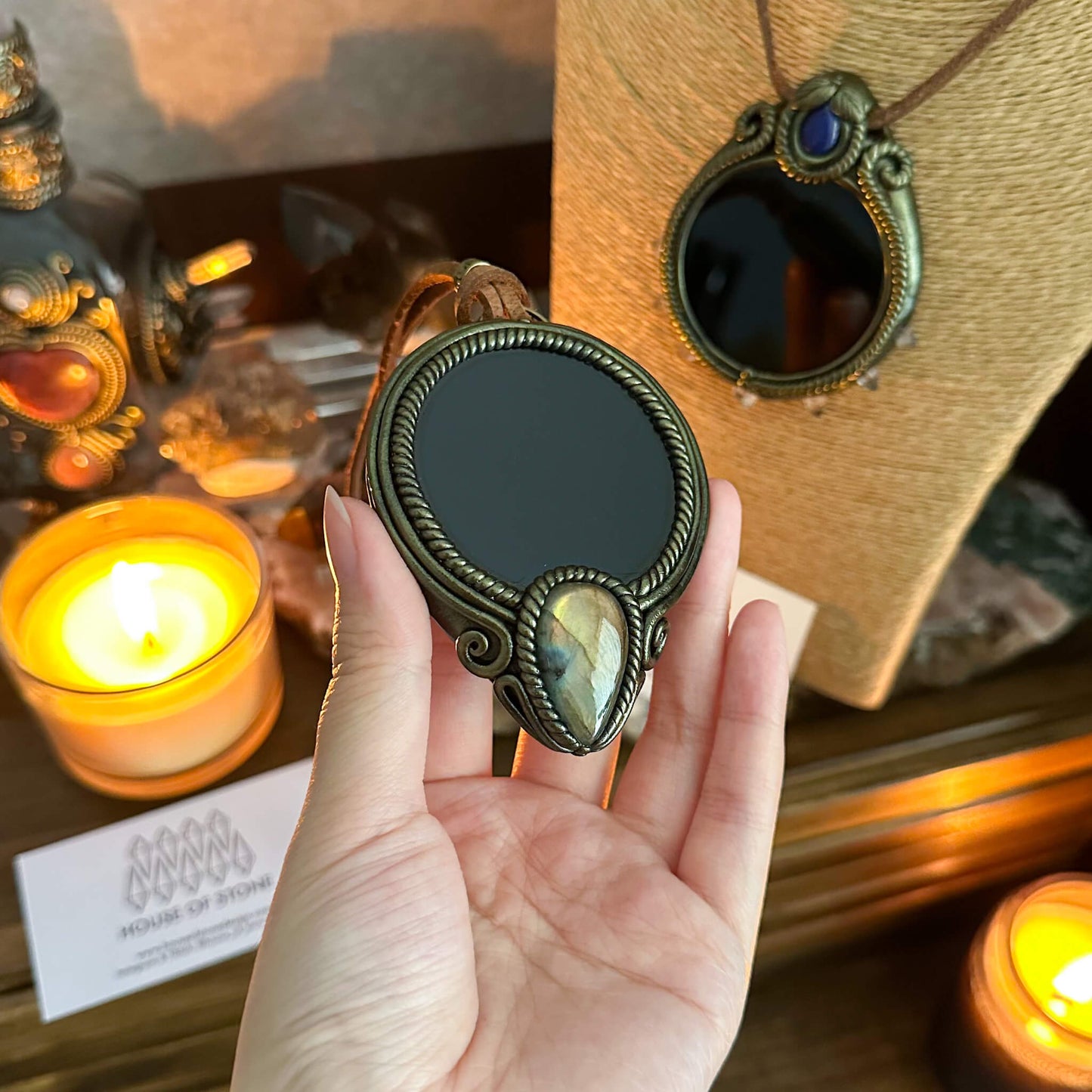 Handmade Natural Black Obsidian Pendant Necklace/Magic Obsidian Mirror Crystal Pendant/Scrying Mirror Talisman Protection Jewelry/Altar Tool