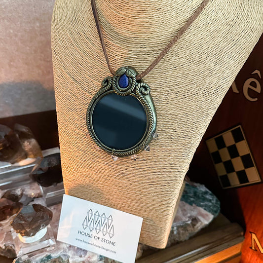 Handmade Natural Black Obsidian Pendant Necklace/Magic Obsidian Mirror Crystal Pendant/Scrying Mirror Talisman Protection Jewelry/Altar Tool