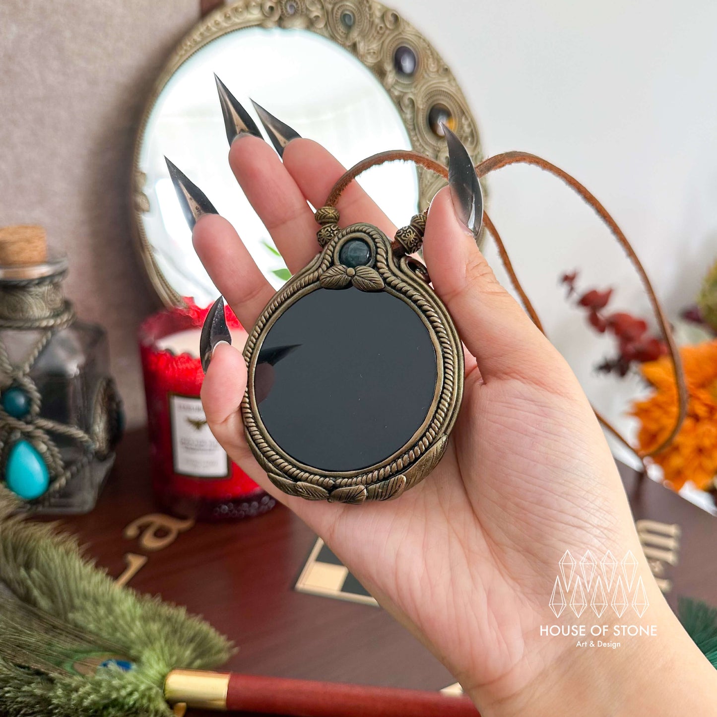 Natural Handmade Black Obsidian Pendant Necklace/Magic Obsidian Mirror Crystal Pendant/Scrying Mirror Moss Agate Jewelry/Chakra/Altar Tool