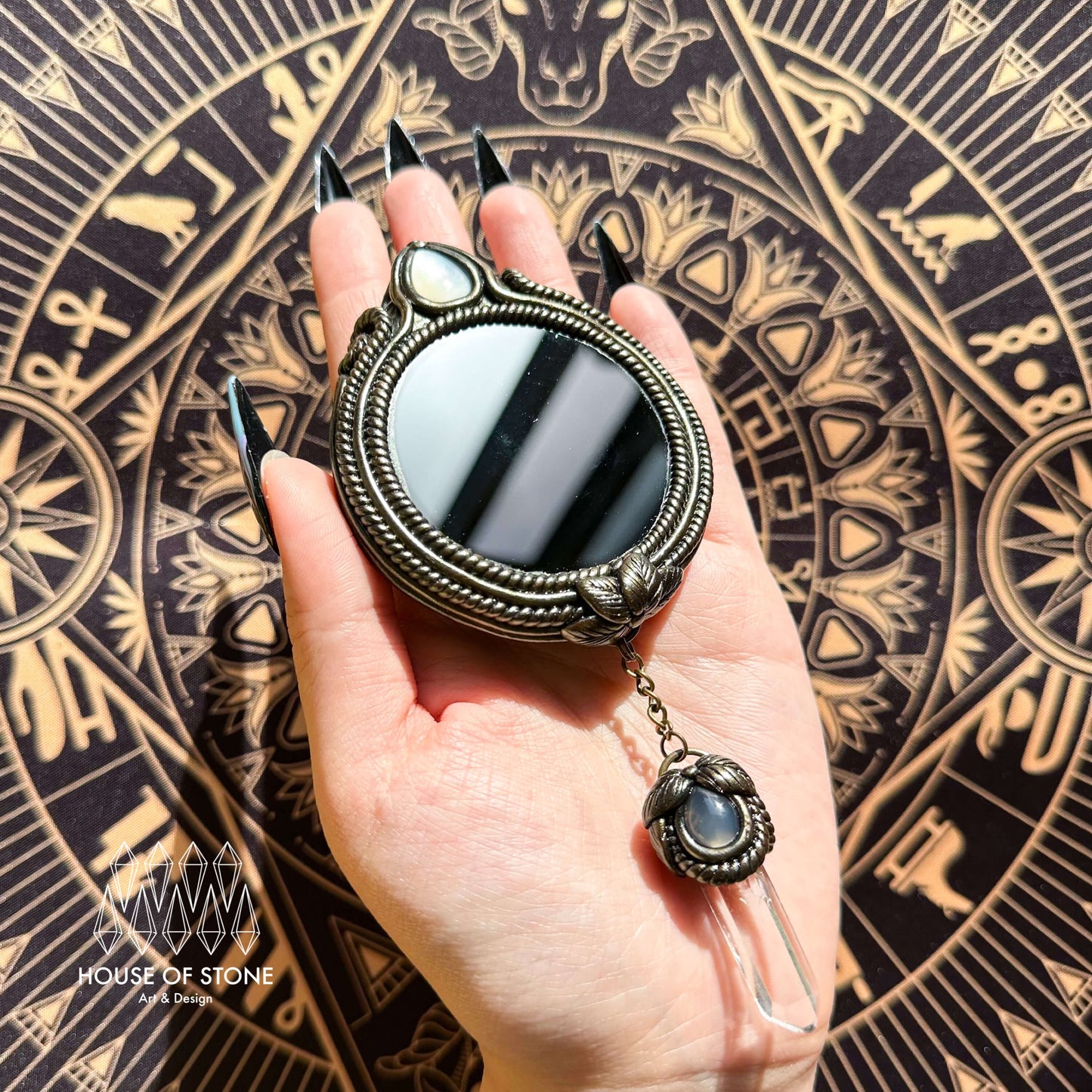Handmade Natural Black Obsidian Pendant Necklace/Magic Obsidian Mirror Crystal Pendant/Scrying Mirror Labradorite Protection Jewelry/Altar Tool