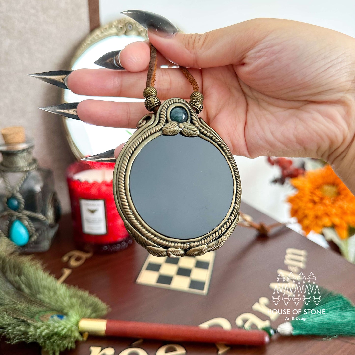Natural Handmade Black Obsidian Pendant Necklace/Magic Obsidian Mirror Crystal Pendant/Scrying Mirror Moss Agate Jewelry/Chakra/Altar Tool