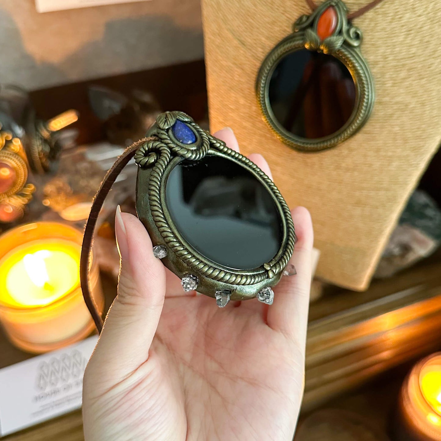 Handmade Natural Black Obsidian Pendant Necklace/Magic Obsidian Mirror Crystal Pendant/Scrying Mirror Talisman Protection Jewelry/Altar Tool
