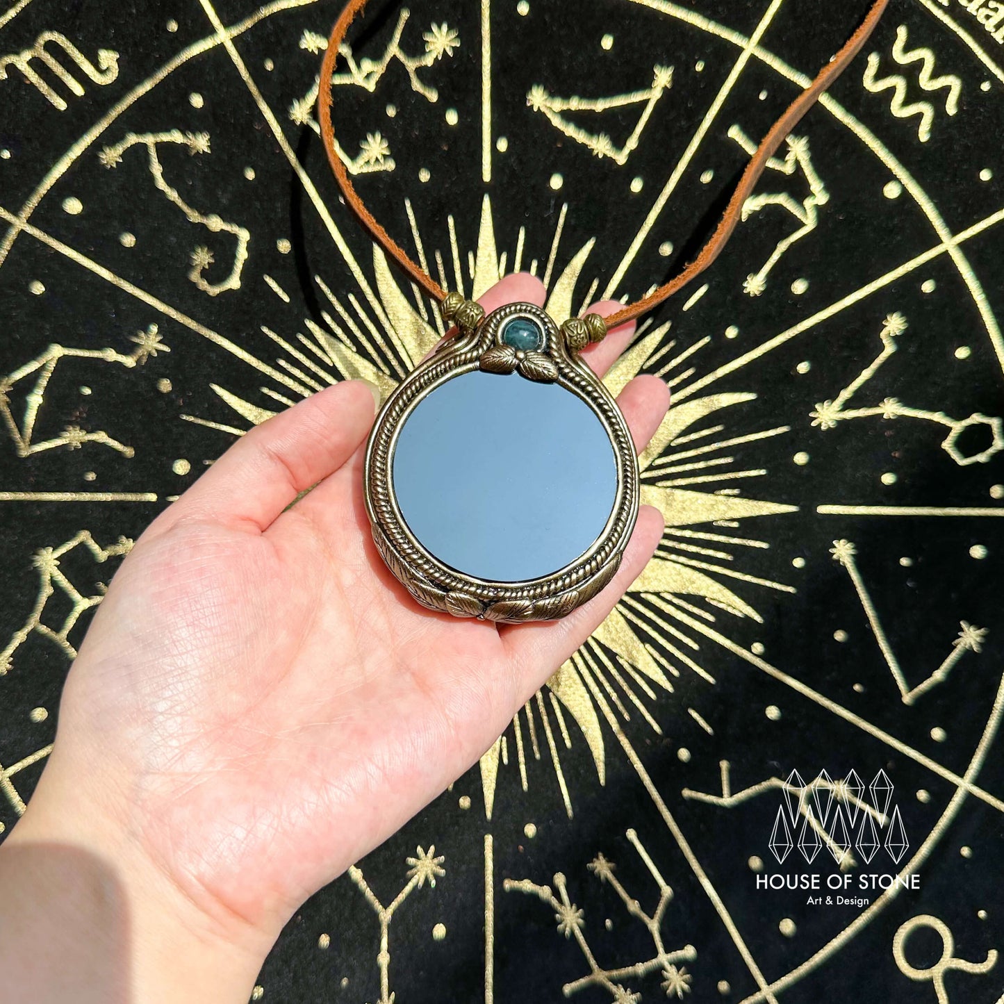 Natural Handmade Black Obsidian Pendant Necklace/Magic Obsidian Mirror Crystal Pendant/Scrying Mirror Moss Agate Jewelry/Chakra/Altar Tool