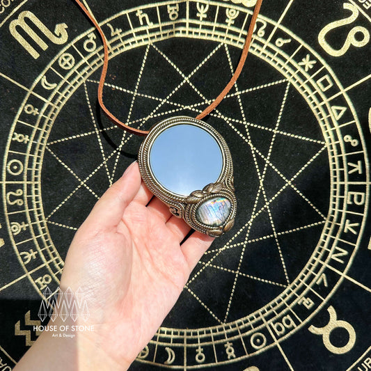 Natural Handmade Black Obsidian Pendant Necklace/Magic Obsidian Mirror Crystal Pendant/Scrying Mirror Labradorite Jewelry/Chakra/Altar Tool