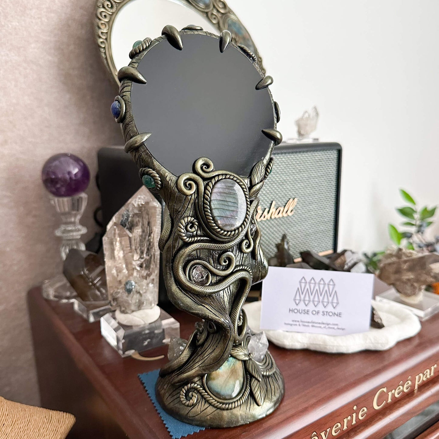 Handmade Natural Black Obsidian Mirror/Magic Obsidian Witch/Crystal Quartz with Base/Scrying Mirror/Root Chakra/Manifest Altar Tool