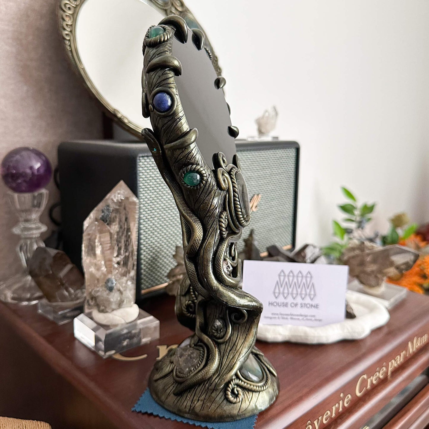Handmade Natural Black Obsidian Mirror/Magic Obsidian Witch/Crystal Quartz with Base/Scrying Mirror/Root Chakra/Manifest Altar Tool