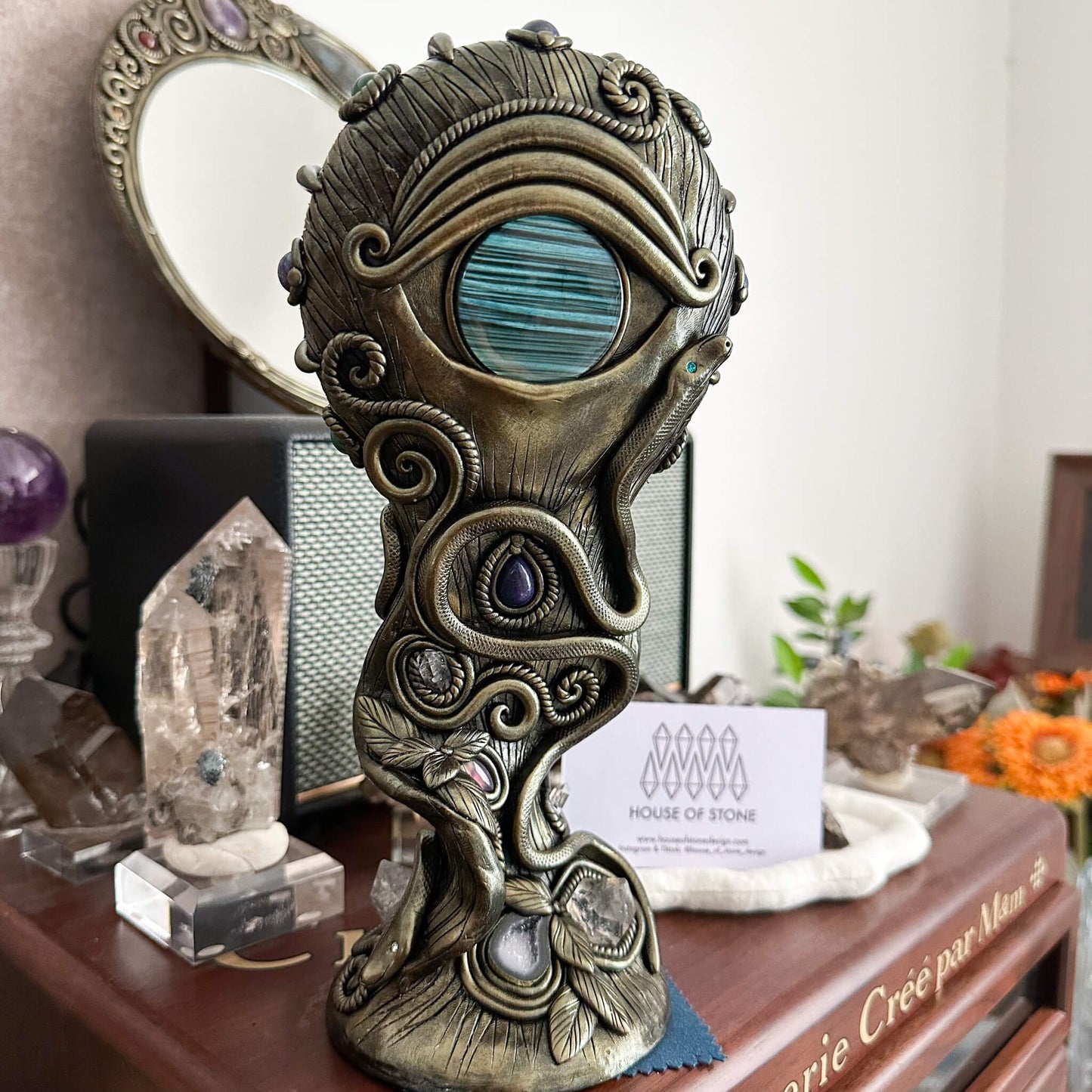 Handmade Natural Black Obsidian Mirror/Magic Obsidian Witch/Crystal Quartz with Base/Scrying Mirror/Root Chakra/Manifest Altar Tool