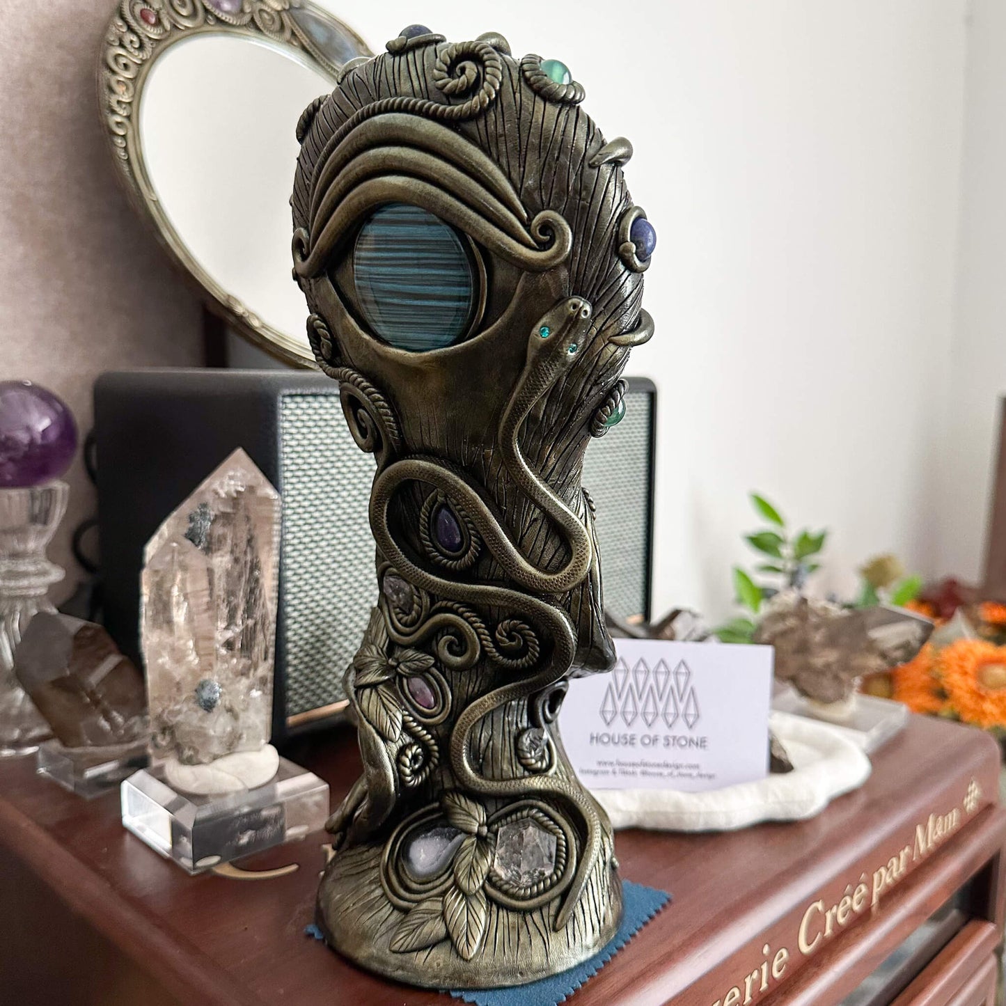 Handmade Natural Black Obsidian Mirror/Magic Obsidian Witch/Crystal Quartz with Base/Scrying Mirror/Root Chakra/Manifest Altar Tool
