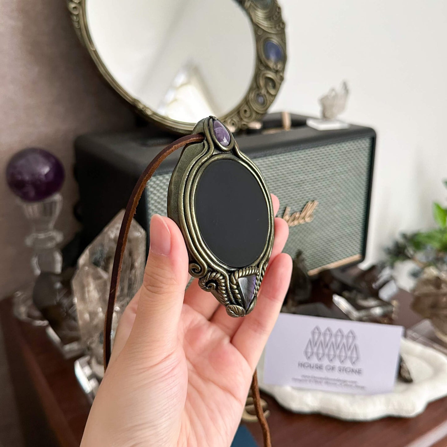Handmade Natural Black Obsidian Pendant Necklace/Magic Obsidian Mirror Crystal Pendant/Scrying Mirror Talisman Protection Jewelry/Altar Tool