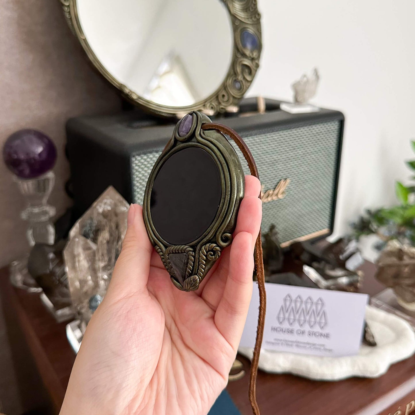 Handmade Natural Black Obsidian Pendant Necklace/Magic Obsidian Mirror Crystal Pendant/Scrying Mirror Talisman Protection Jewelry/Altar Tool