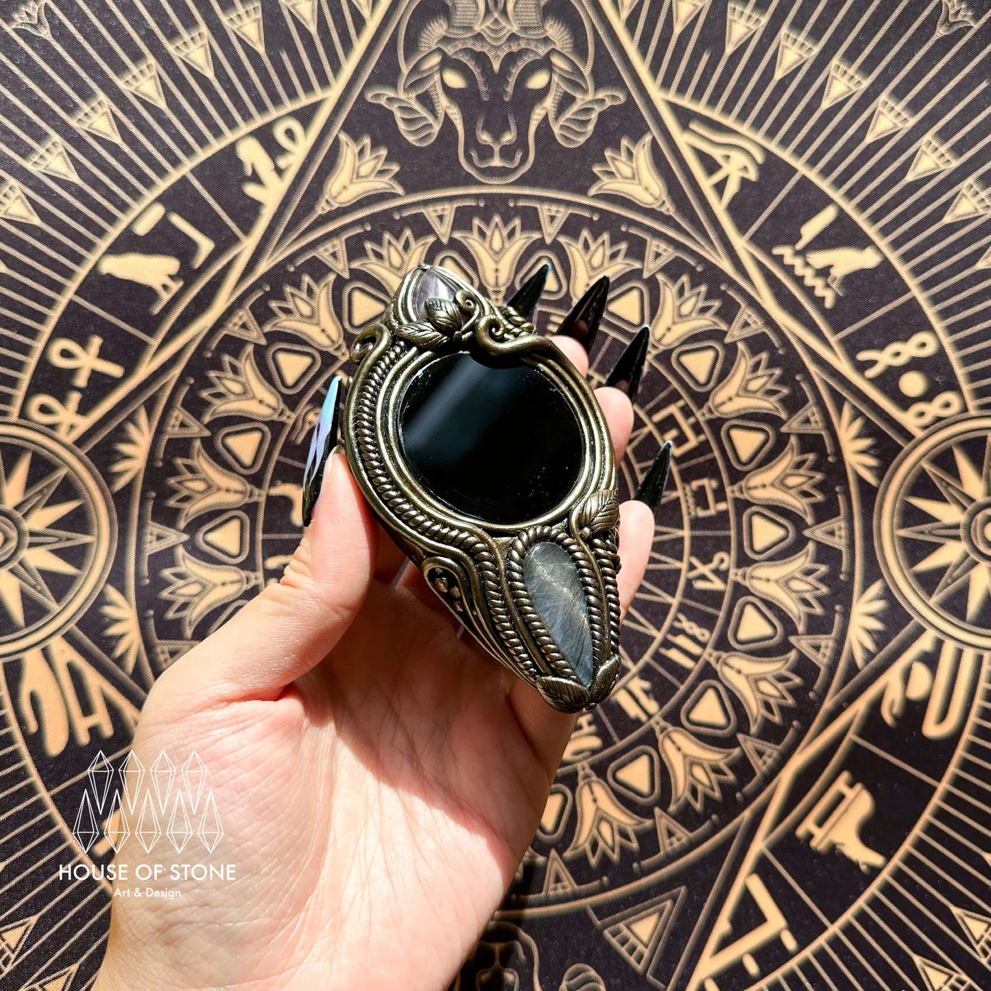 Handmade Natural Black Obsidian Pendant Necklace/Magic Obsidian Mirror Crystal Pendant/Scrying Mirror Labradorite Protection Jewelry/Altar Tool