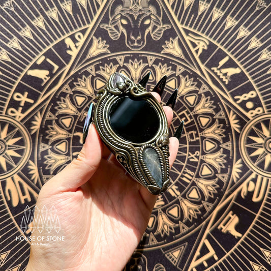 Handmade Natural Black Obsidian Pendant Necklace/Magic Obsidian Mirror Crystal Pendant/Scrying Mirror Labradorite Protection Jewelry/Altar Tool