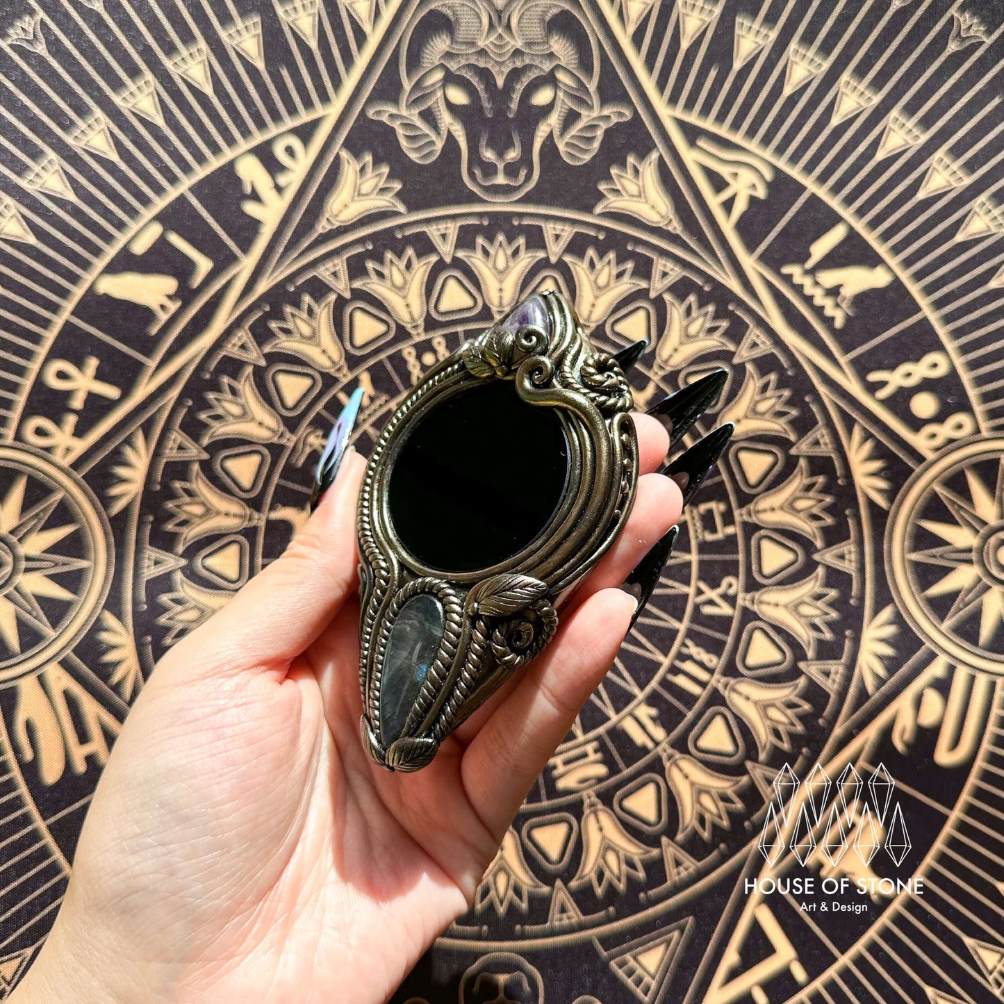 Handmade Natural Black Obsidian Pendant Necklace/Magic Obsidian Mirror Crystal Pendant/Scrying Mirror Labradorite Protection Jewelry/Altar Tool