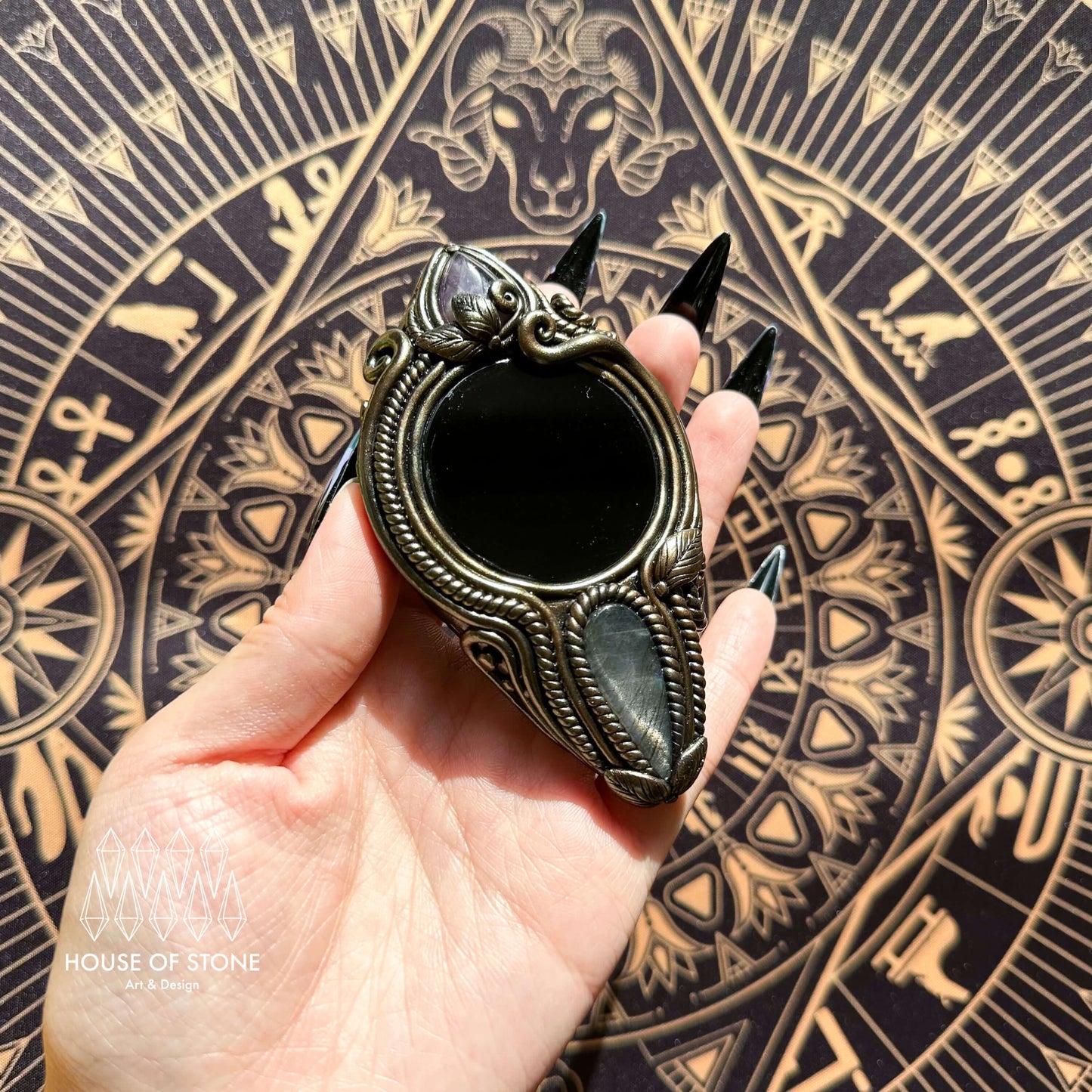 Handmade Natural Black Obsidian Pendant Necklace/Magic Obsidian Mirror Crystal Pendant/Scrying Mirror Labradorite Protection Jewelry/Altar Tool