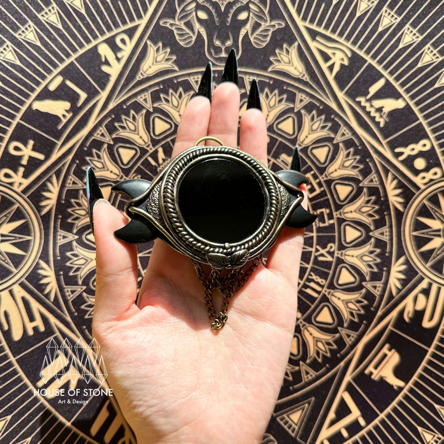 Handmade Natural Black Obsidian Triple Moon Pendant Necklace/Magic Obsidian Mirror Crystal Pendant/Scrying Mirror Protection Jewelry/Altar Tool