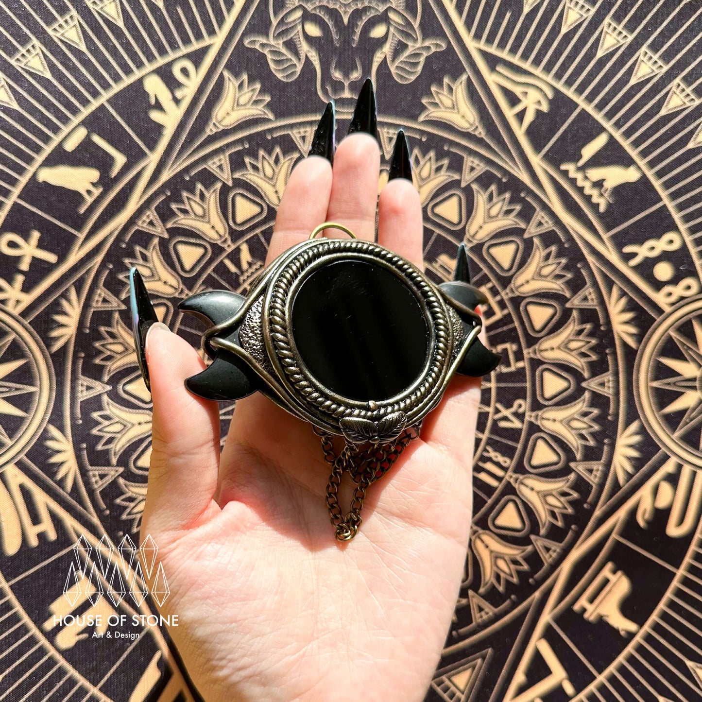 Handmade Natural Black Obsidian Triple Moon Pendant Necklace/Magic Obsidian Mirror Crystal Pendant/Scrying Mirror Protection Jewelry/Altar Tool